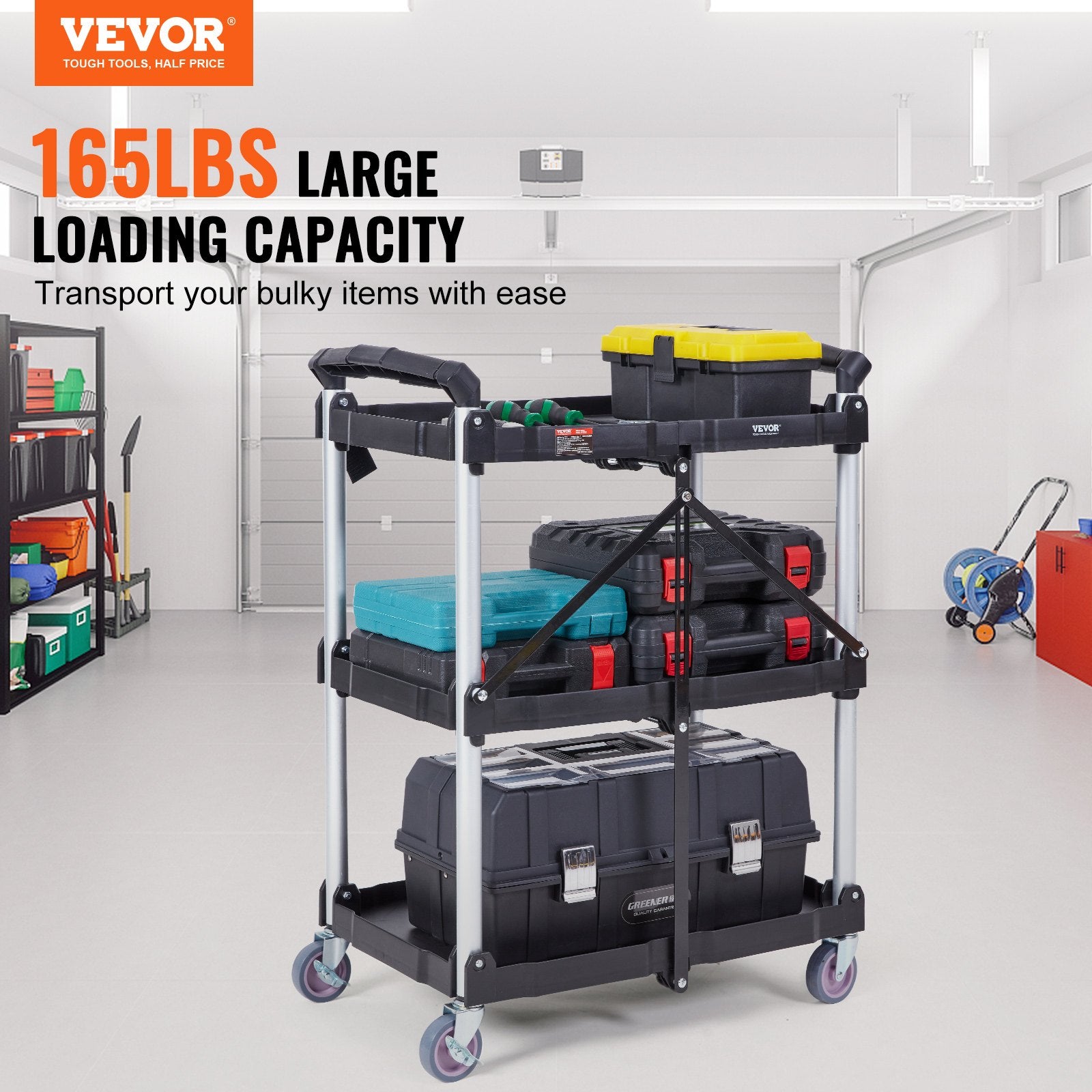 Cat Litter: VEVOR Foldable Utility Service Cart, 3 Shelf 165LBS Heavy Duty Plastic Rolling Cart with Lockable Wheels, Ergonomic Handle, Portable Garage Tool Cart for Warehouse/Office/Home(25.62"x15.43"x32.76")
