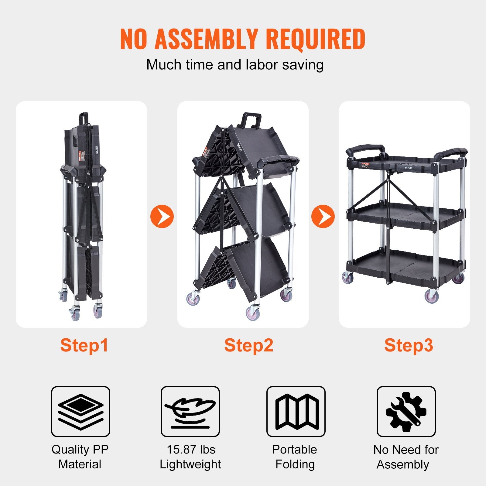 Cat Litter: VEVOR Foldable Utility Service Cart, 3 Shelf 165LBS Heavy Duty Plastic Rolling Cart with Lockable Wheels, Ergonomic Handle, Portable Garage Tool Cart for Warehouse/Office/Home(25.62"x15.43"x32.76")