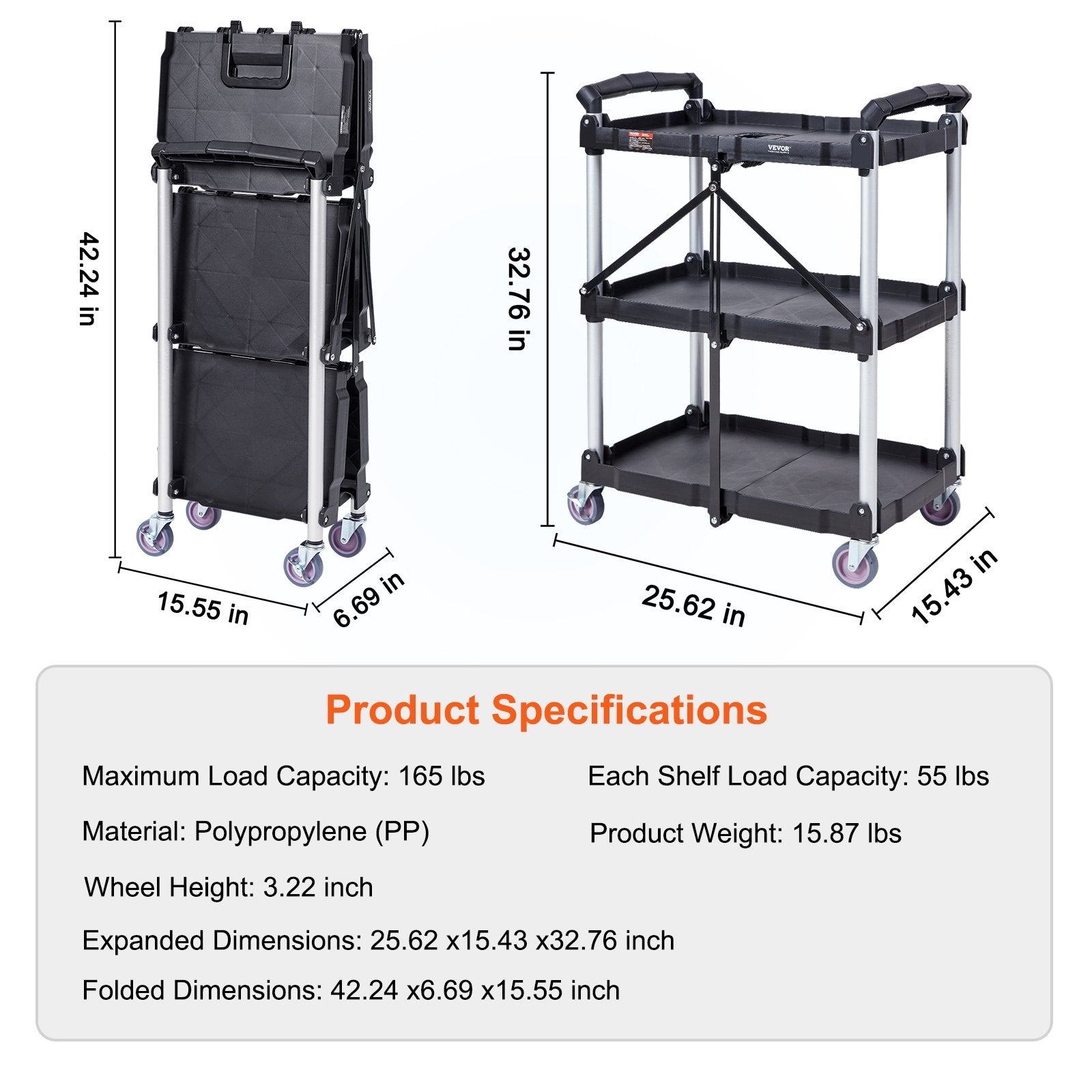 Cat Litter: VEVOR Foldable Utility Service Cart, 3 Shelf 165LBS Heavy Duty Plastic Rolling Cart with Lockable Wheels, Ergonomic Handle, Portable Garage Tool Cart for Warehouse/Office/Home(25.62"x15.43"x32.76")