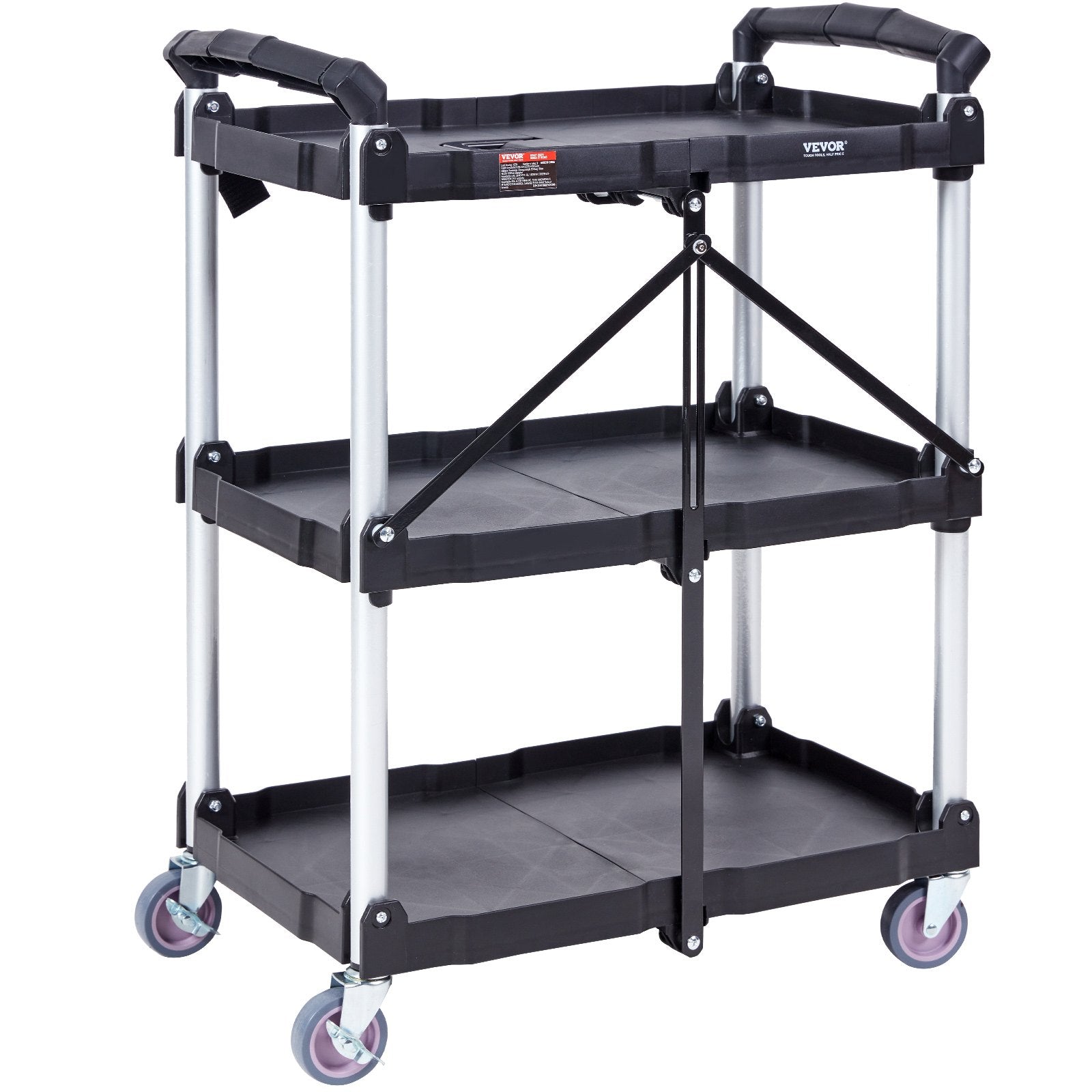 Cat Litter: VEVOR Foldable Utility Service Cart, 3 Shelf 165LBS Heavy Duty Plastic Rolling Cart with Lockable Wheels, Ergonomic Handle, Portable Garage Tool Cart for Warehouse/Office/Home(25.62"x15.43"x32.76")