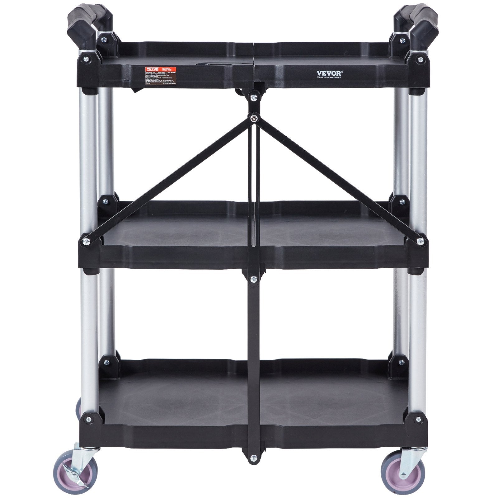 Cat Litter: VEVOR Foldable Utility Service Cart, 3 Shelf 165LBS Heavy Duty Plastic Rolling Cart with Lockable Wheels, Ergonomic Handle, Portable Garage Tool Cart for Warehouse/Office/Home(25.62"x15.43"x32.76")