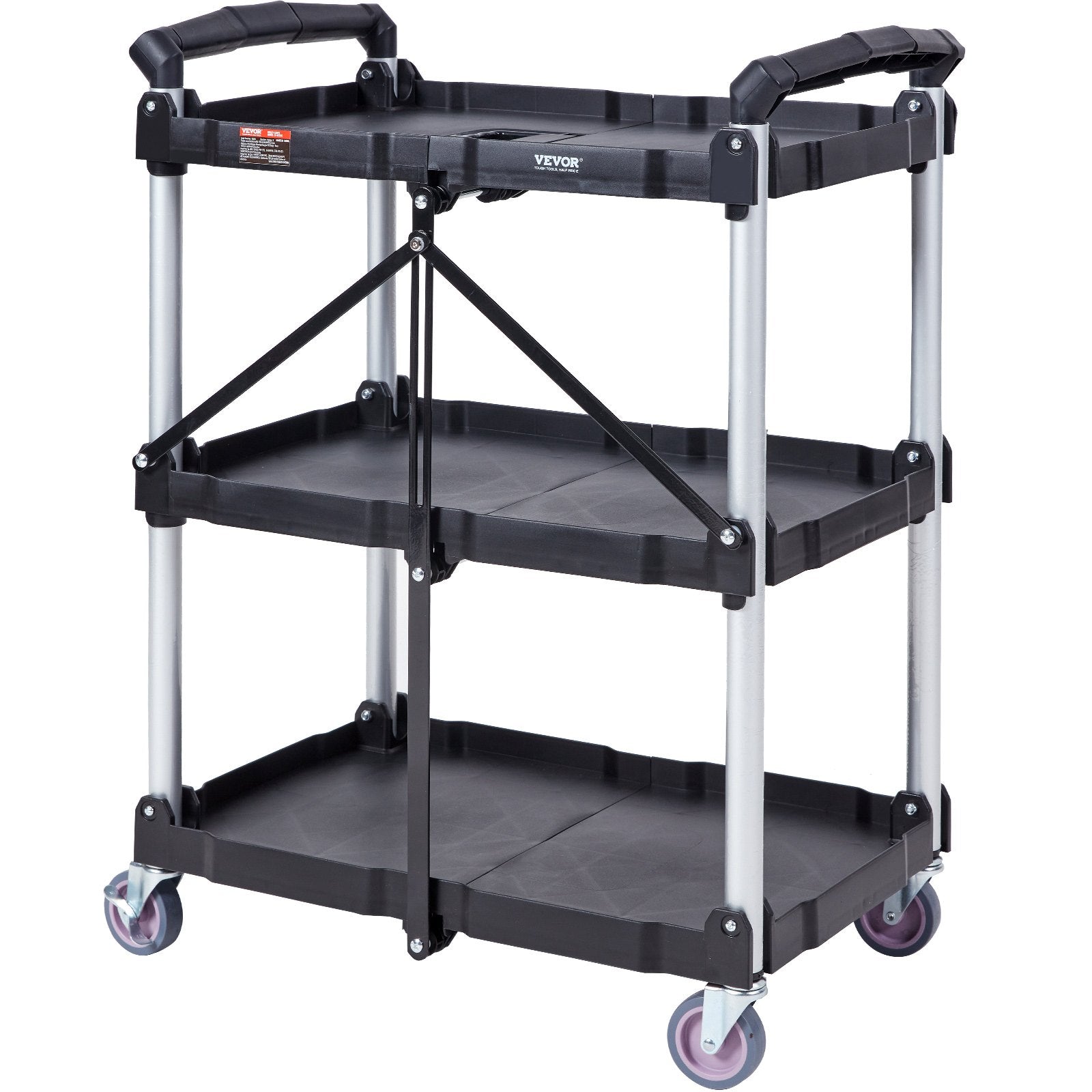 Cat Litter: VEVOR Foldable Utility Service Cart, 3 Shelf 165LBS Heavy Duty Plastic Rolling Cart with Lockable Wheels, Ergonomic Handle, Portable Garage Tool Cart for Warehouse/Office/Home(25.62"x15.43"x32.76")