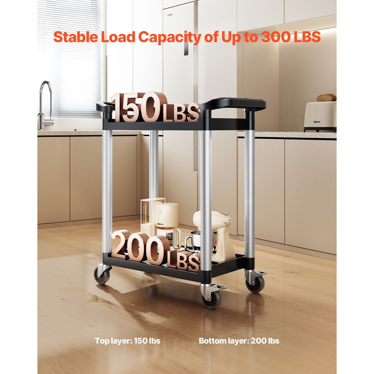 Utility Cart, 300 lbs Load Capacity, 2-tier Utility Plastic Cart with 360° Swivel Wheels (2 with Brakes), 24.4 x 16.1-inch Food Service Cart for Warehouse, Office, Home, Restaurant, Kitchen