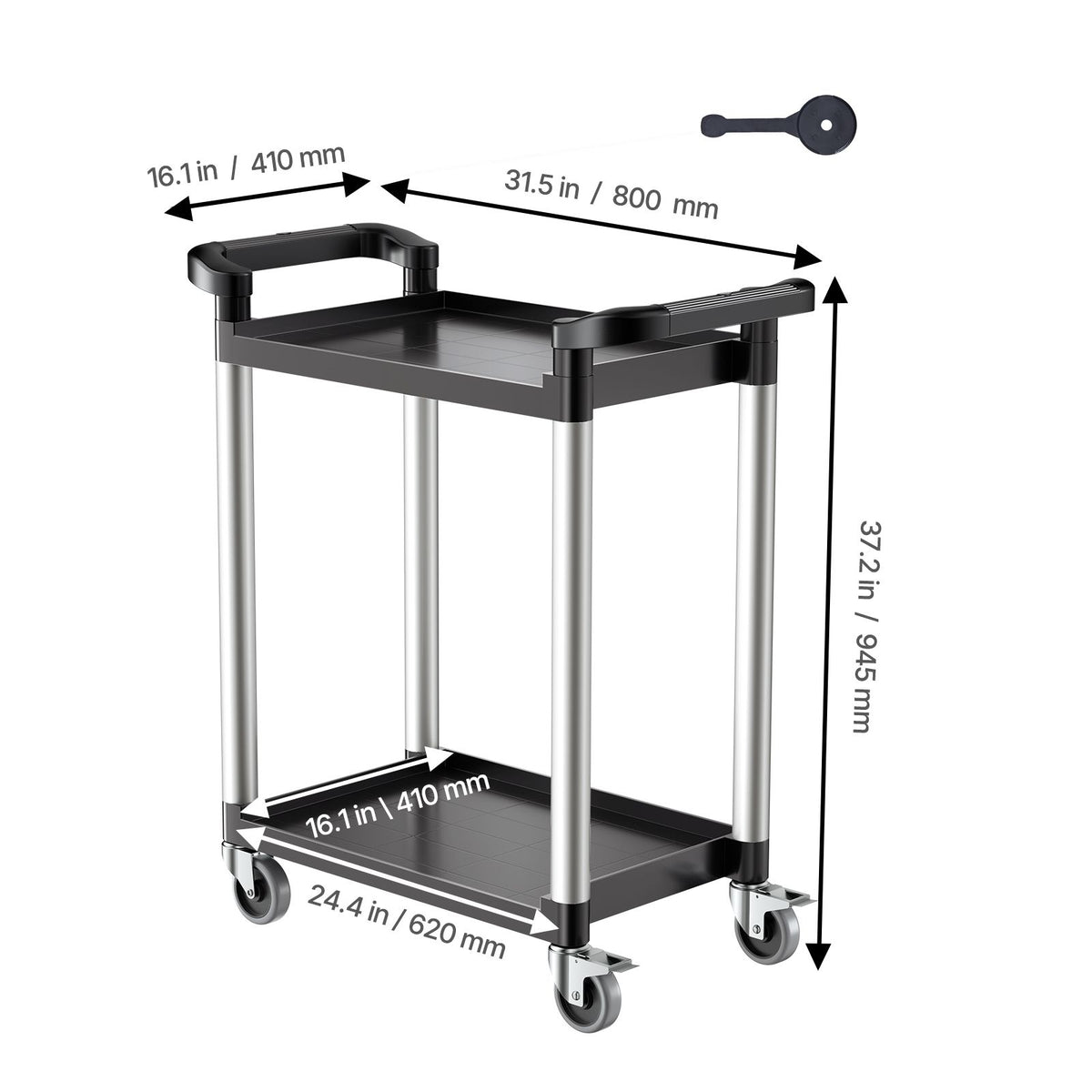 Utility Cart, 300 lbs Load Capacity, 2-tier Utility Plastic Cart with 360° Swivel Wheels (2 with Brakes), 24.4 x 16.1-inch Food Service Cart for Warehouse, Office, Home, Restaurant, Kitchen