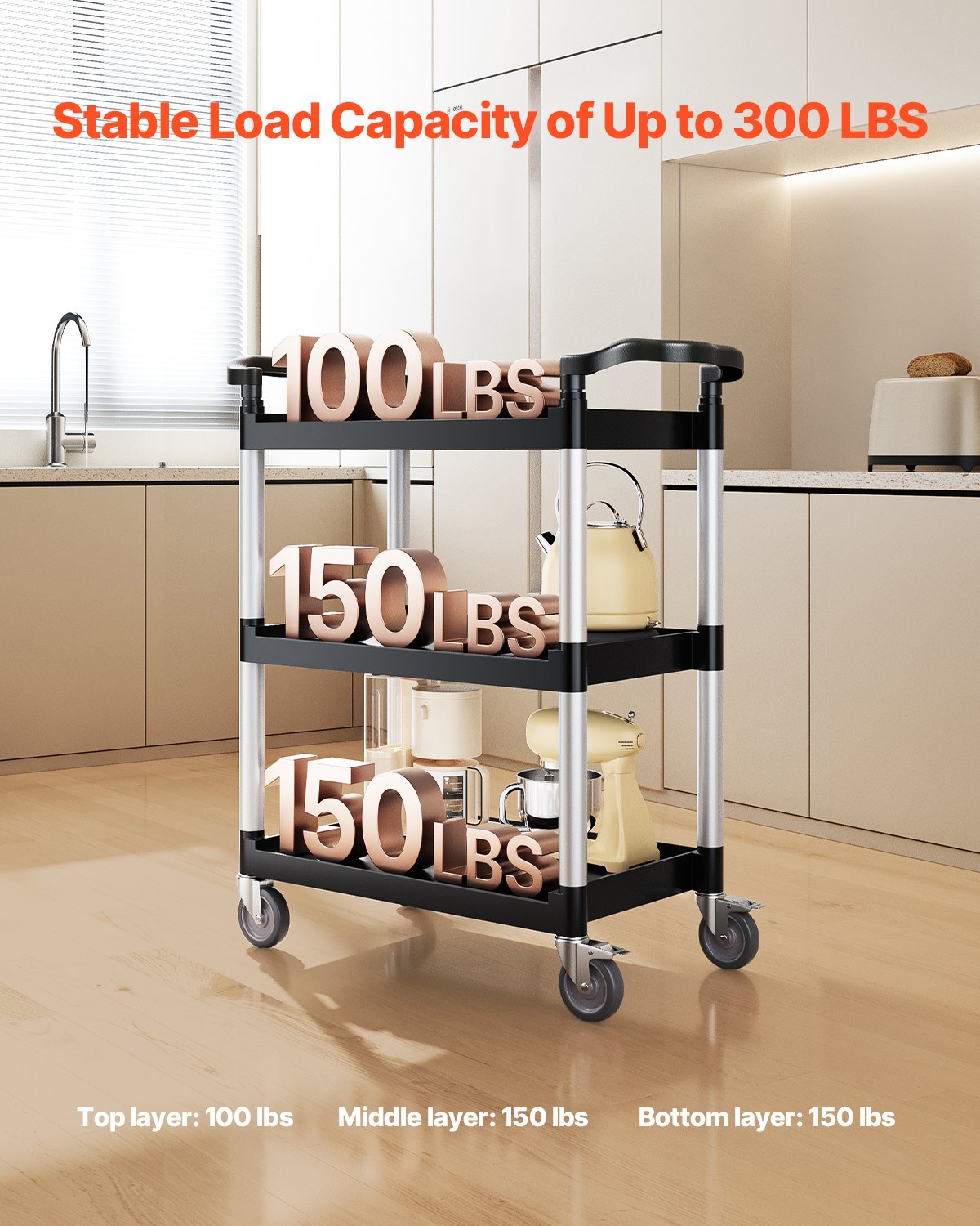 Cat Litter: VEVOR Utility Cart, 300 lbs Load Capacity, 3-tier Utility Plastic Cart with 360° Swivel Wheels (2 with Brakes), 24.4 x 16.1-inch Food Service Cart for Warehouse, Office, Home, Restaurant, Kitchen