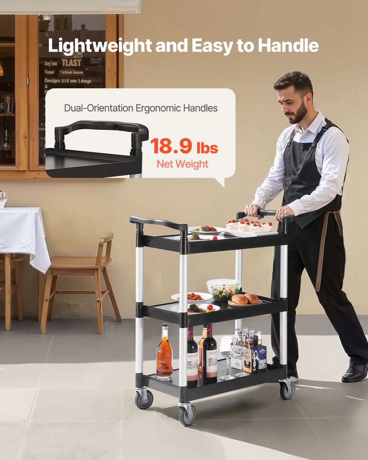 Cat Litter: VEVOR Utility Cart, 300 lbs Load Capacity, 3-tier Utility Plastic Cart with 360° Swivel Wheels (2 with Brakes), 24.4 x 16.1-inch Food Service Cart for Warehouse, Office, Home, Restaurant, Kitchen