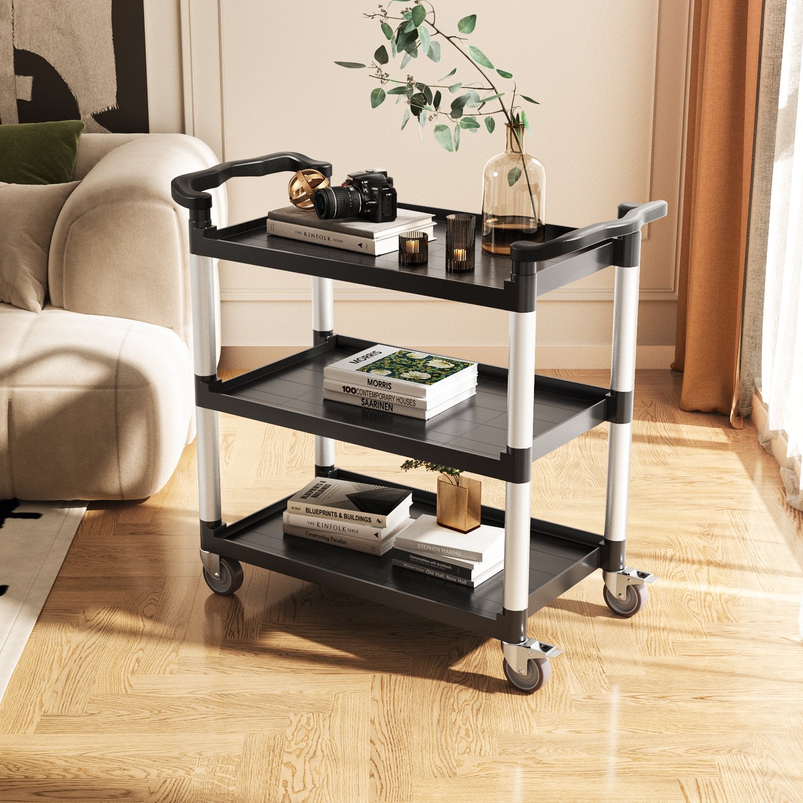 Cat Litter: VEVOR Utility Cart, 300 lbs Load Capacity, 3-tier Utility Plastic Cart with 360° Swivel Wheels (2 with Brakes), 24.4 x 16.1-inch Food Service Cart for Warehouse, Office, Home, Restaurant, Kitchen