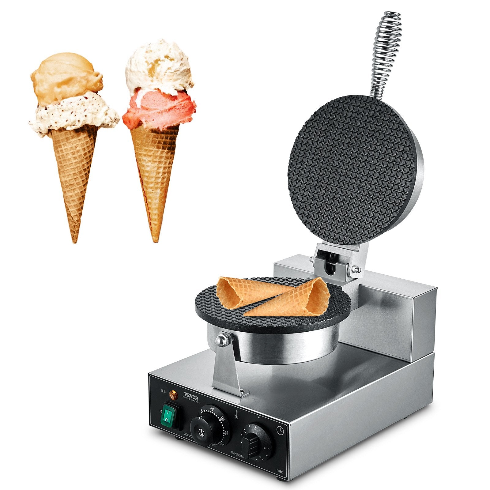 Food Warmers & Chafing Dishes: VEVOR Electric Ice Cream Cone Maker, Commercial 1230W Waffle Cone Machine, Non-Stick Stainless Steel Egg Roll Mold, with Temperature and Time Control, Handle, for Restaurant Bakery Snack Bar Family