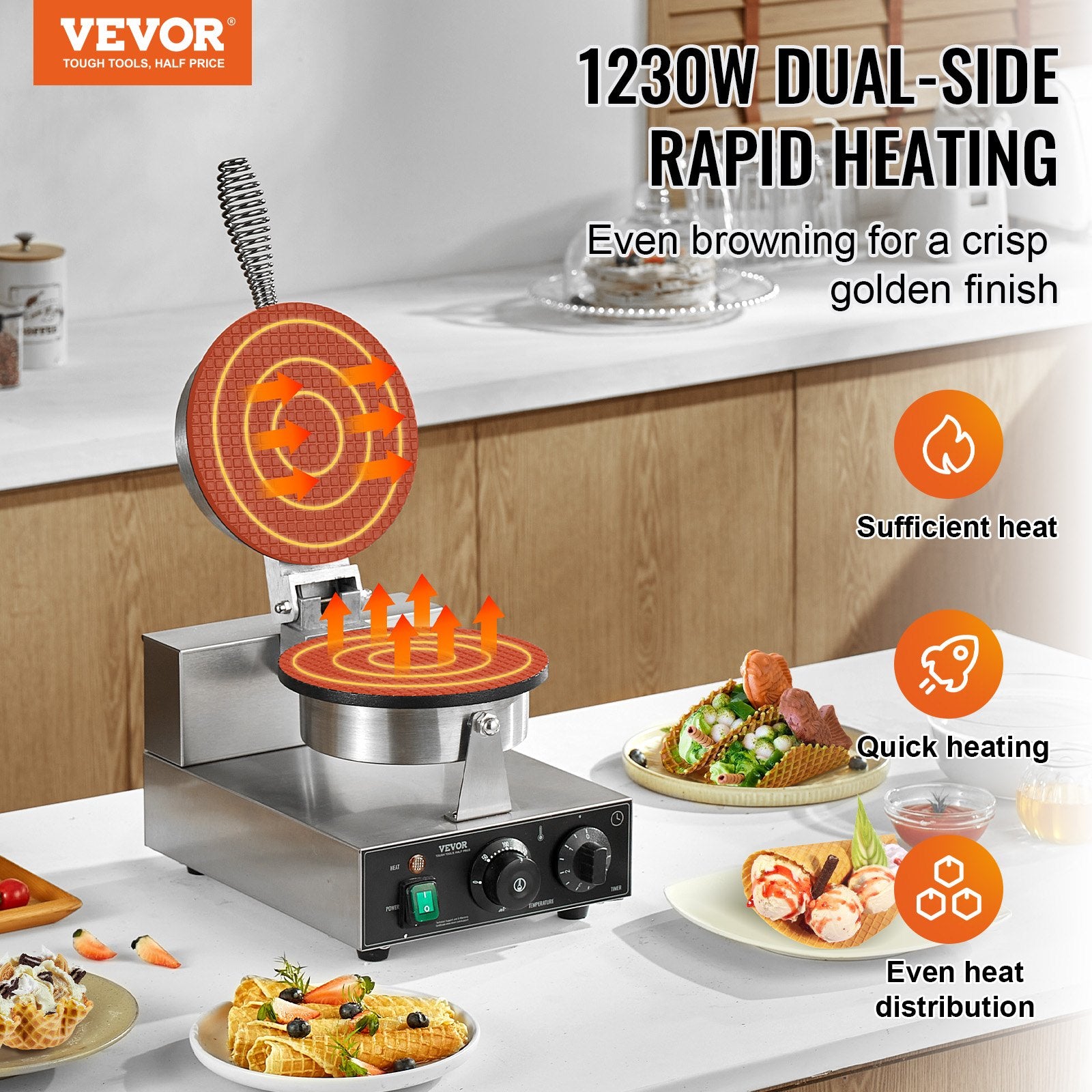 Food Warmers & Chafing Dishes: VEVOR Electric Ice Cream Cone Maker, Commercial 1230W Waffle Cone Machine, Non-Stick Stainless Steel Egg Roll Mold, with Temperature and Time Control, Handle, for Restaurant Bakery Snack Bar Family