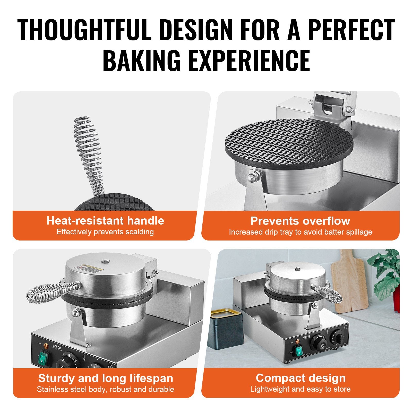 Food Warmers & Chafing Dishes: VEVOR Electric Ice Cream Cone Maker, Commercial 1230W Waffle Cone Machine, Non-Stick Stainless Steel Egg Roll Mold, with Temperature and Time Control, Handle, for Restaurant Bakery Snack Bar Family