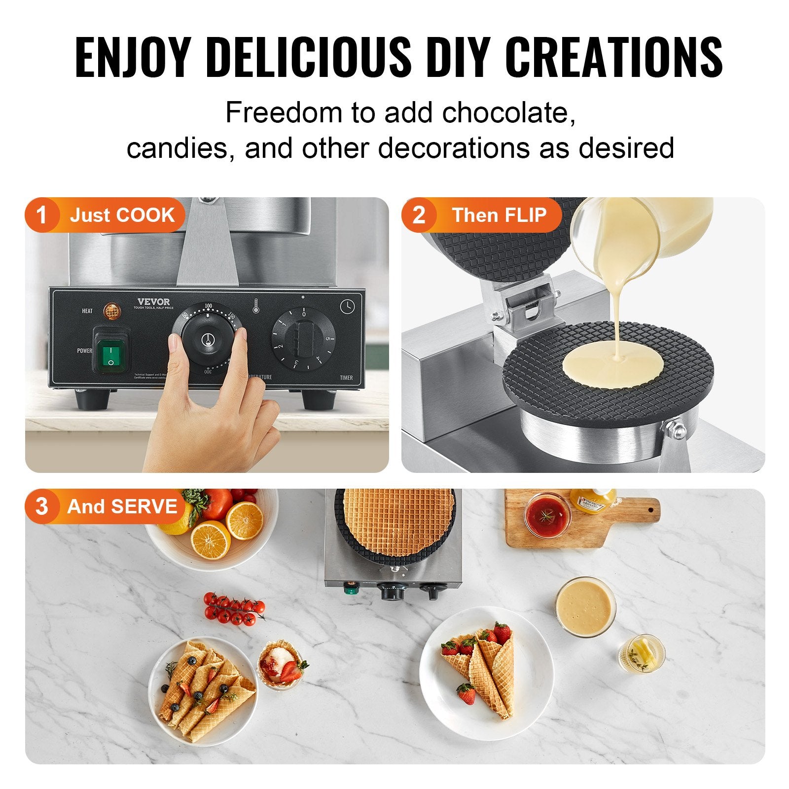 Food Warmers & Chafing Dishes: VEVOR Electric Ice Cream Cone Maker, Commercial 1230W Waffle Cone Machine, Non-Stick Stainless Steel Egg Roll Mold, with Temperature and Time Control, Handle, for Restaurant Bakery Snack Bar Family