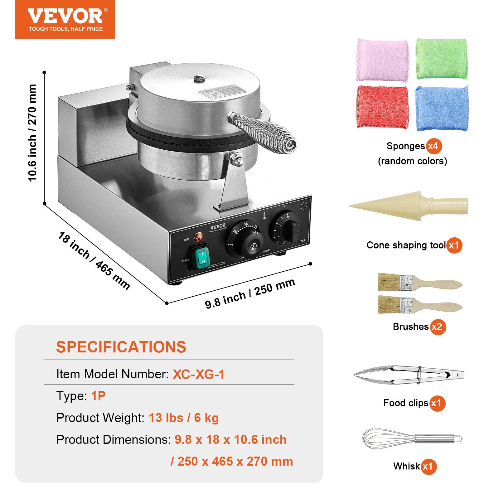 Food Warmers & Chafing Dishes: VEVOR Electric Ice Cream Cone Maker, Commercial 1230W Waffle Cone Machine, Non-Stick Stainless Steel Egg Roll Mold, with Temperature and Time Control, Handle, for Restaurant Bakery Snack Bar Family
