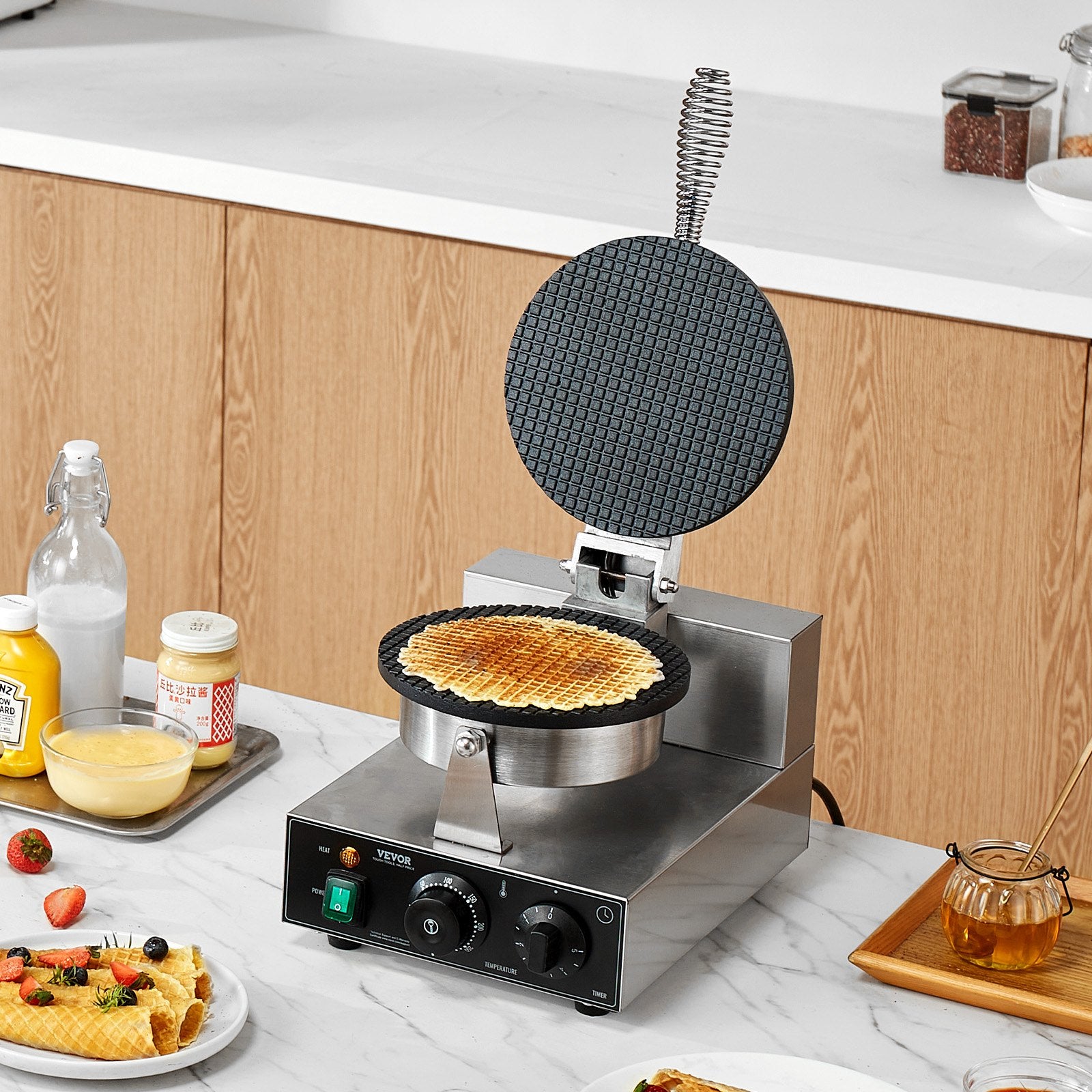 Food Warmers & Chafing Dishes: VEVOR Electric Ice Cream Cone Maker, Commercial 1230W Waffle Cone Machine, Non-Stick Stainless Steel Egg Roll Mold, with Temperature and Time Control, Handle, for Restaurant Bakery Snack Bar Family