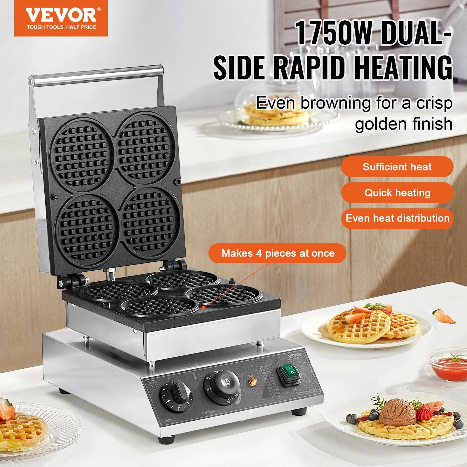 Commercial Waffle Maker, 4PCS Round Waffle Baker Machine,1750W Non-Stick Stainless Steel Belgian Waffle Iron with Temperature and Time Control, for Restaurant Bakery Snack Bar Family