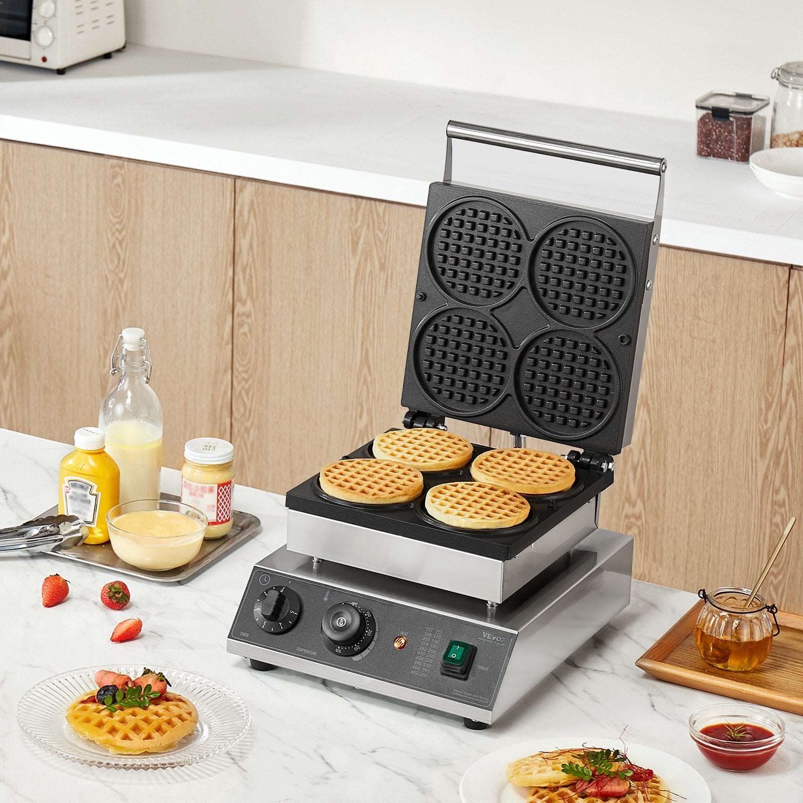 Commercial Waffle Maker, 4PCS Round Waffle Baker Machine,1750W Non-Stick Stainless Steel Belgian Waffle Iron with Temperature and Time Control, for Restaurant Bakery Snack Bar Family