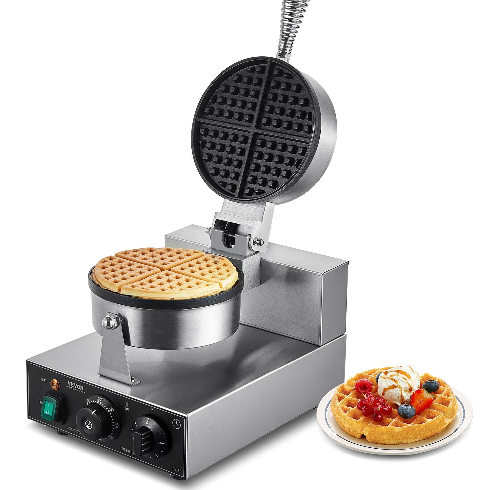 Commercial Waffle Maker, 1230W Round Waffle Baker Machine, Non-Stick Stainless Steel Belgian Waffle Iron with Temperature and Time Control, Handle, for Restaurant Bakery Snack Bar Family