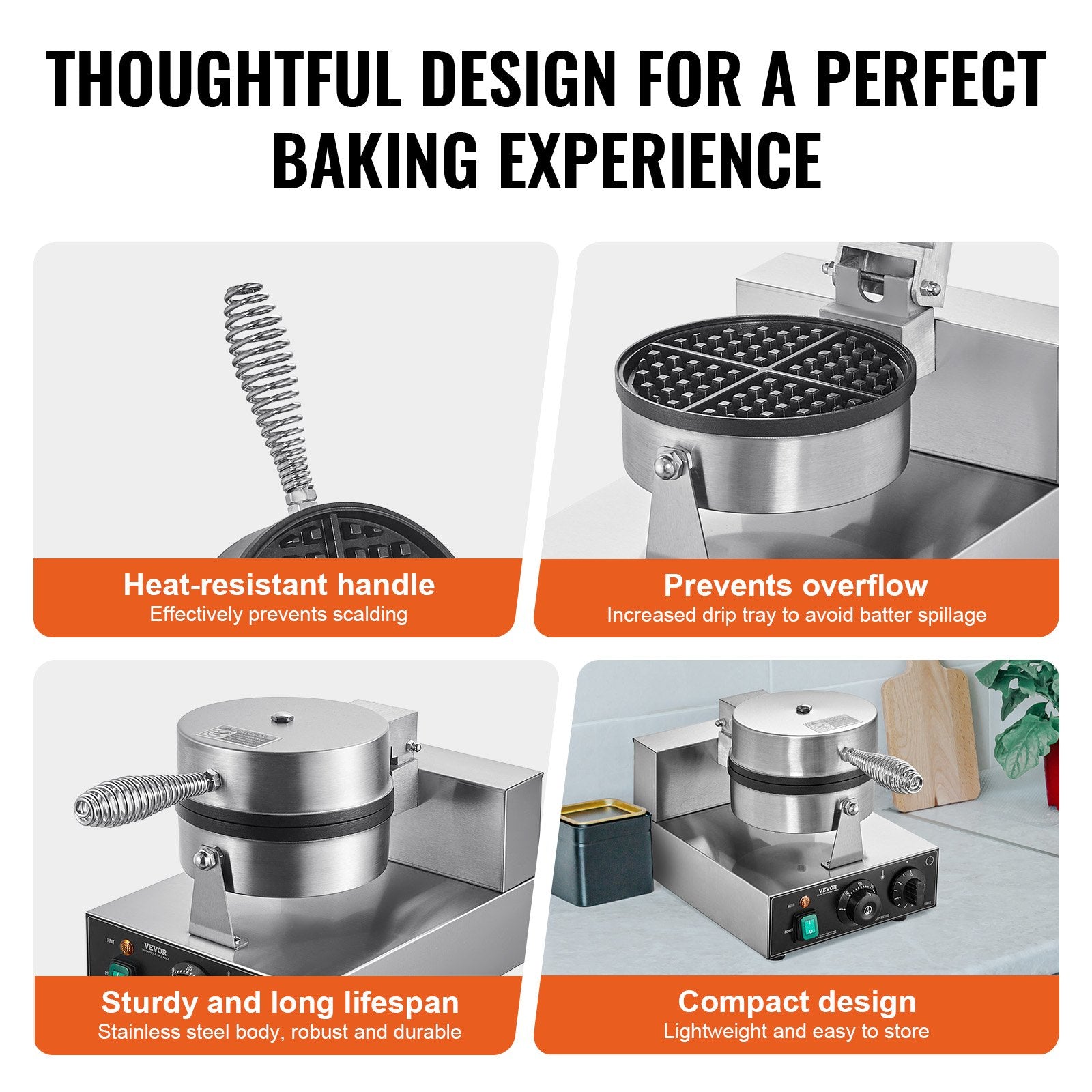 Commercial Waffle Maker, 1230W Round Waffle Baker Machine, Non-Stick Stainless Steel Belgian Waffle Iron with Temperature and Time Control, Handle, for Restaurant Bakery Snack Bar Family