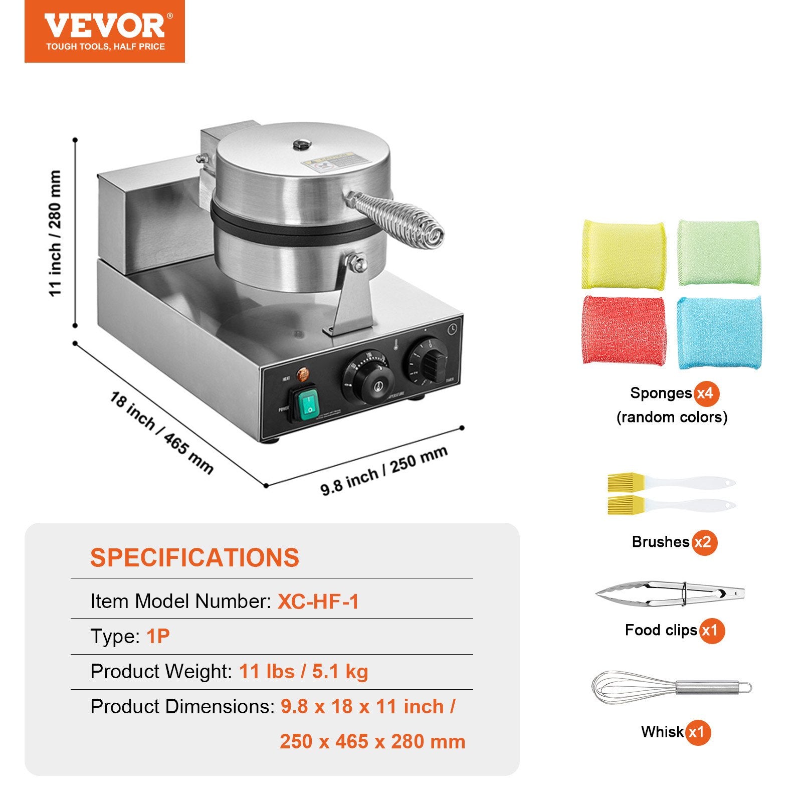 Commercial Waffle Maker, 1230W Round Waffle Baker Machine, Non-Stick Stainless Steel Belgian Waffle Iron with Temperature and Time Control, Handle, for Restaurant Bakery Snack Bar Family