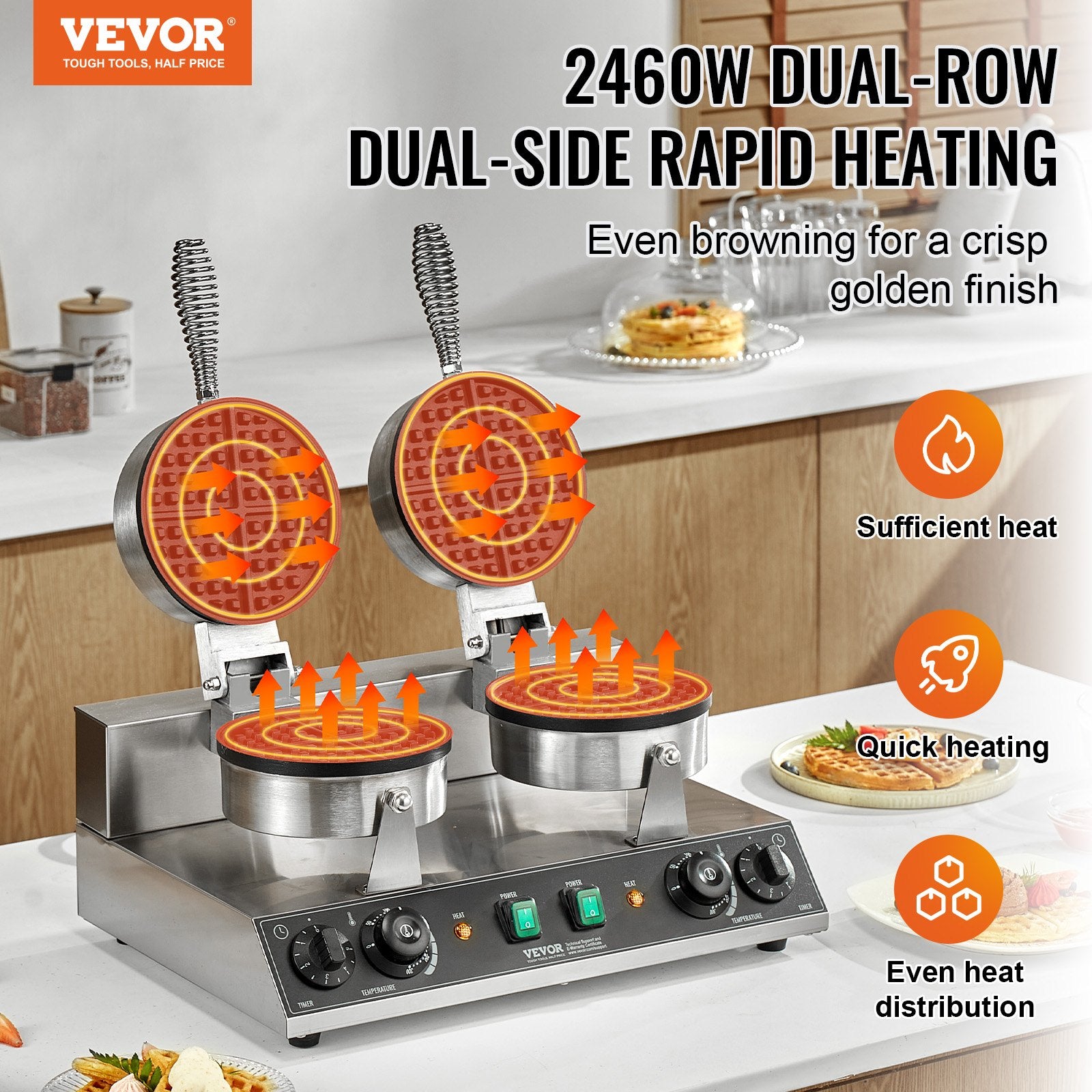 Commercial Waffle Maker, Dual-Head Round Waffle Baker Machine, 2460W Non-Stick Stainless Steel Belgian Waffle Iron with Temp and Time Control, Handle, for Restaurant Bakery Snack Bar Family