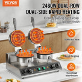 Speciality Appliances: VEVOR Commercial Waffle Maker, Dual-Head Round Waffle Baker Machine, 2460W Non-Stick Stainless Steel Belgian Waffle Iron with Temp and Time Control, Handle, for Restaurant Bakery Snack Bar Family