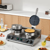 Speciality Appliances: VEVOR Commercial Waffle Maker, Dual-Head Round Waffle Baker Machine, 2460W Non-Stick Stainless Steel Belgian Waffle Iron with Temp and Time Control, Handle, for Restaurant Bakery Snack Bar Family