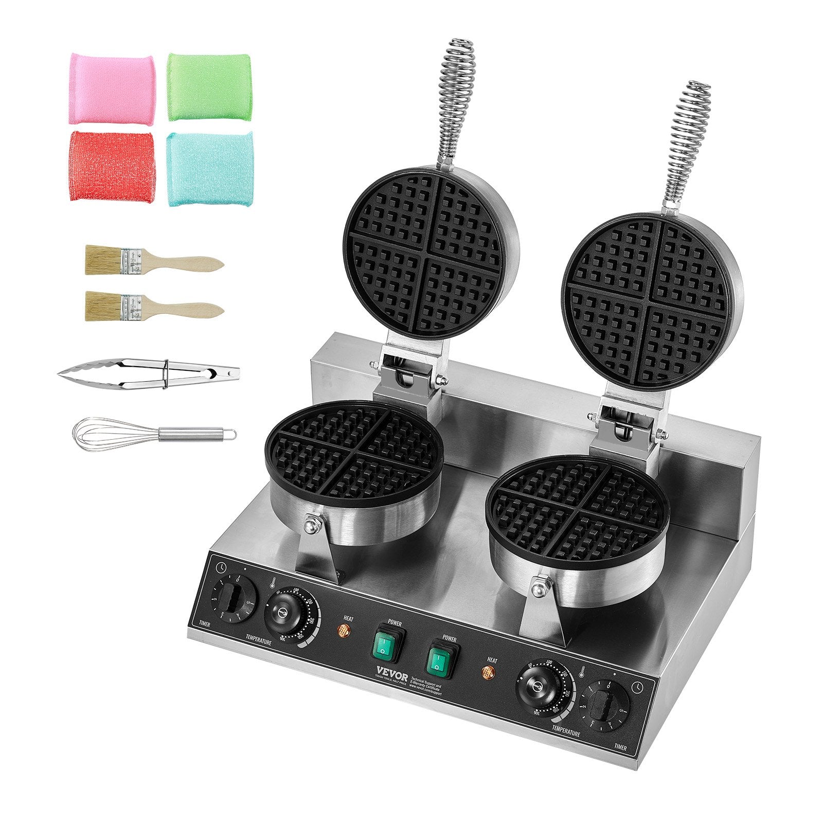 Commercial Waffle Maker, Dual-Head Round Waffle Baker Machine, 2460W Non-Stick Stainless Steel Belgian Waffle Iron with Temp and Time Control, Handle, for Restaurant Bakery Snack Bar Family