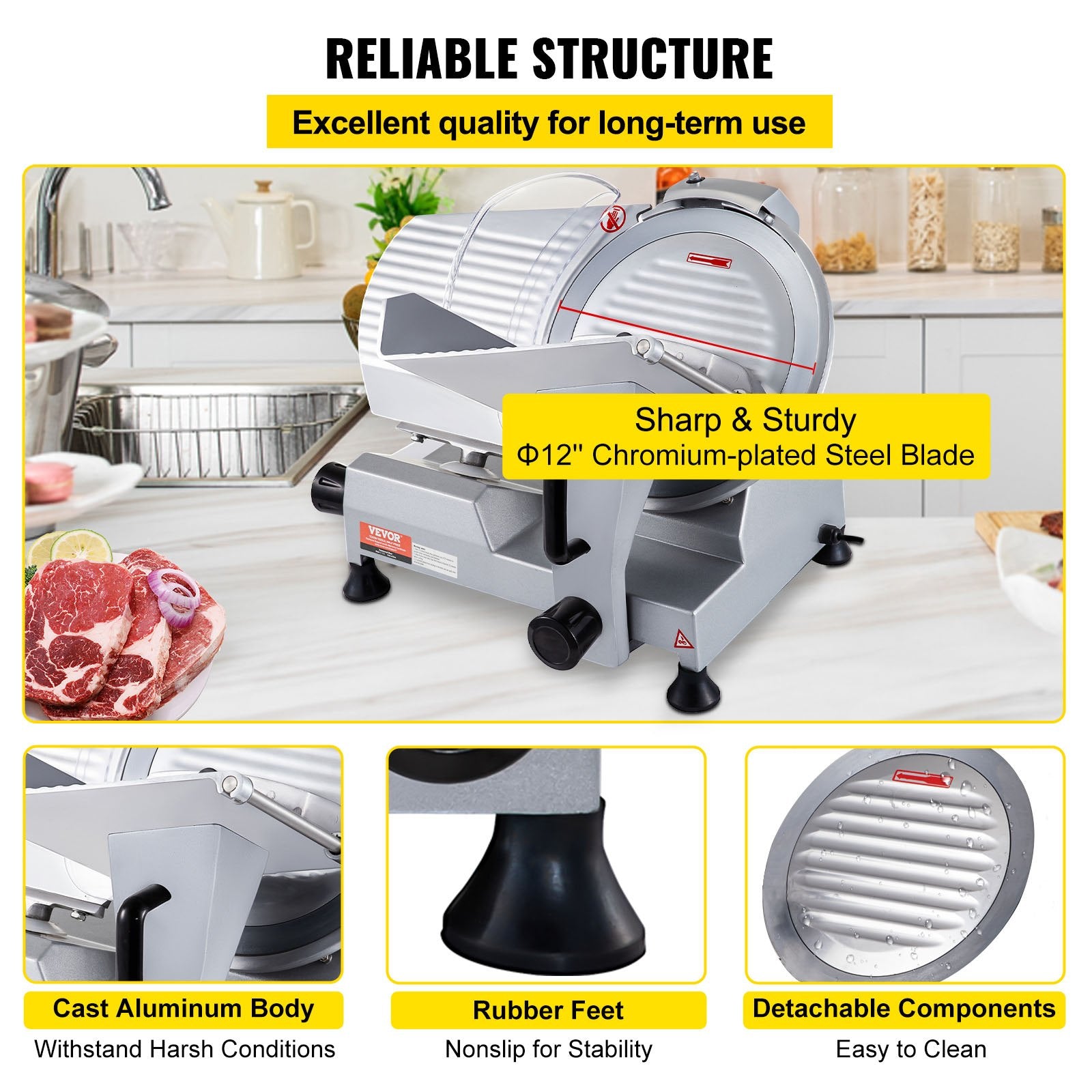 Commercial Meat Slicer, 320W Electric Deli Food Slicer, 12 inch Carbon Steel Blade Electric Food Slicer, 350-400RPM Meat Slicer, 0-0.6 inch Adjustable Thickness for Meat, Cheese, Veggies, Ham