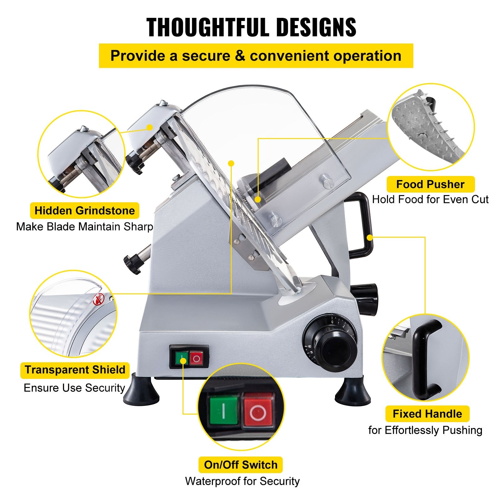 Commercial Meat Slicer, 320W Electric Deli Food Slicer, 12 inch Carbon Steel Blade Electric Food Slicer, 350-400RPM Meat Slicer, 0-0.6 inch Adjustable Thickness for Meat, Cheese, Veggies, Ham