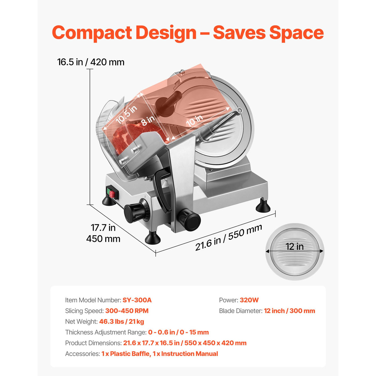 Commercial Meat Slicer, 320W Electric Deli Food Slicer with 300mm Carbon Steel Blade, Built-In Sharpener & 0-15mm Adjustable Thickness for Frozen Meat, Ham, Baguett, Steak