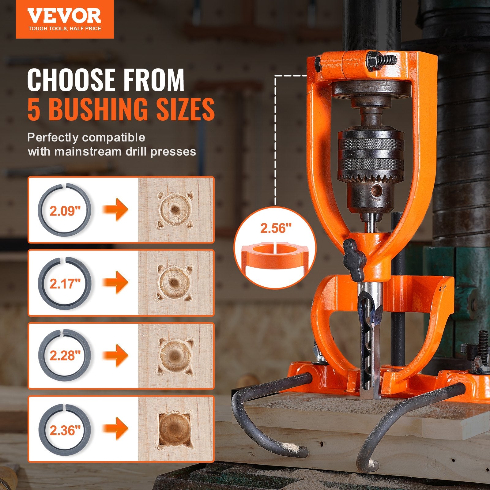 Drill & Screwdriver Accessories: VEVOR Mortising Attachment for Drill Press, 4 Model Drills Square Hole Chisel Set, Bench Drill Locator Set Mortise and Tenon Tools with 5 Bushings, for Woodworking Mortising Tenoning Drilling Machine