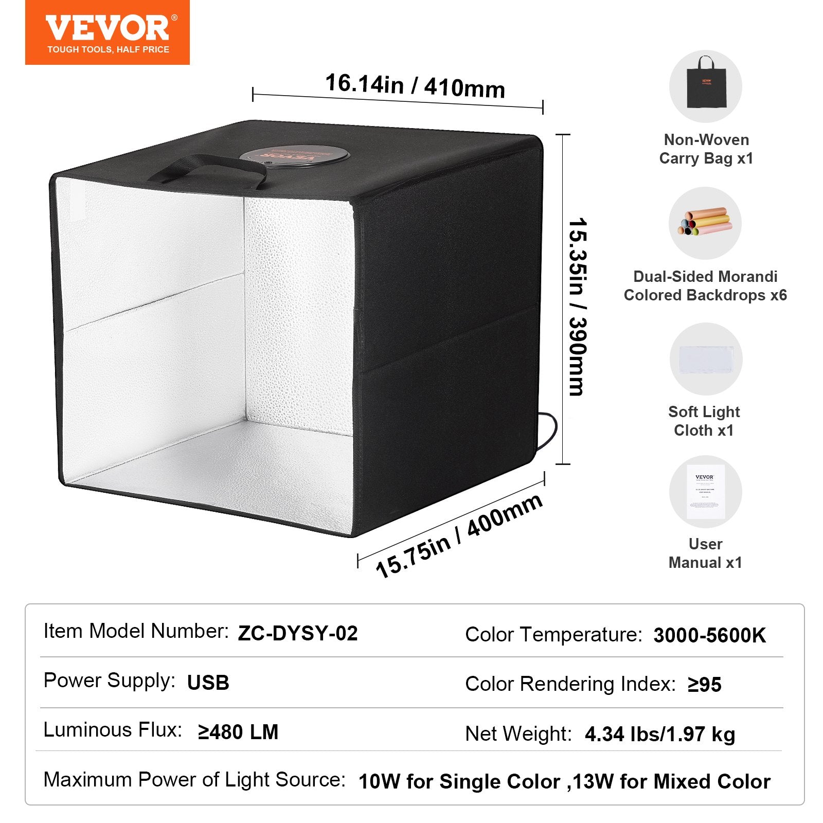 Picture Frames: VEVOR Photo Studio Light Box 3000-5600K 6 Double-Sided Color Backdrops, 41 x 40 x 39 cm