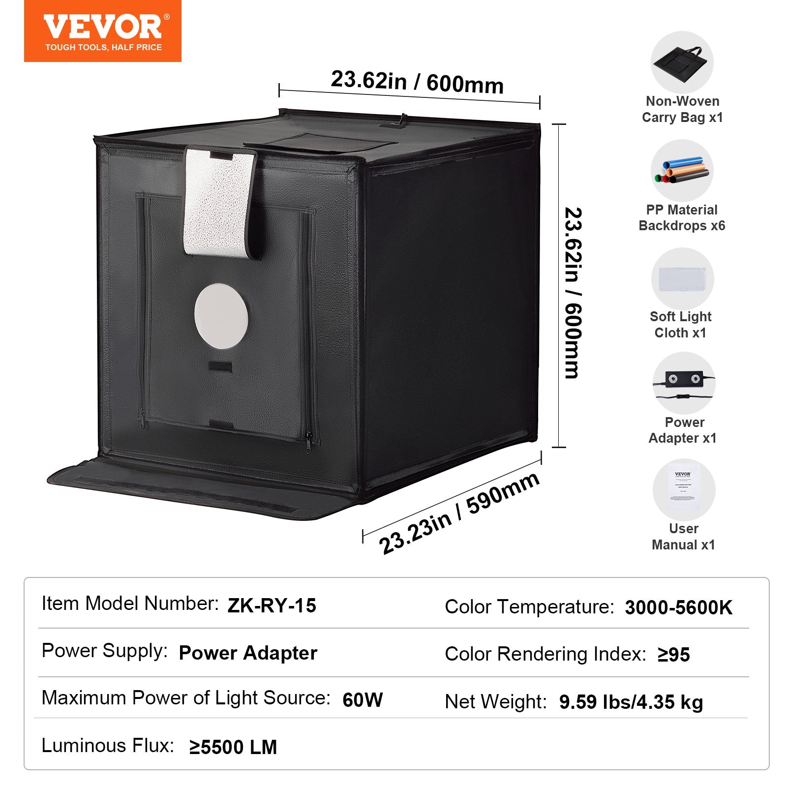 Automotive Repair & Speciality Tools: VEVOR Photo Studio Light Box 3000-5600K Adjustable 3 Color Temperatures, 60 x 59 x 60 cm