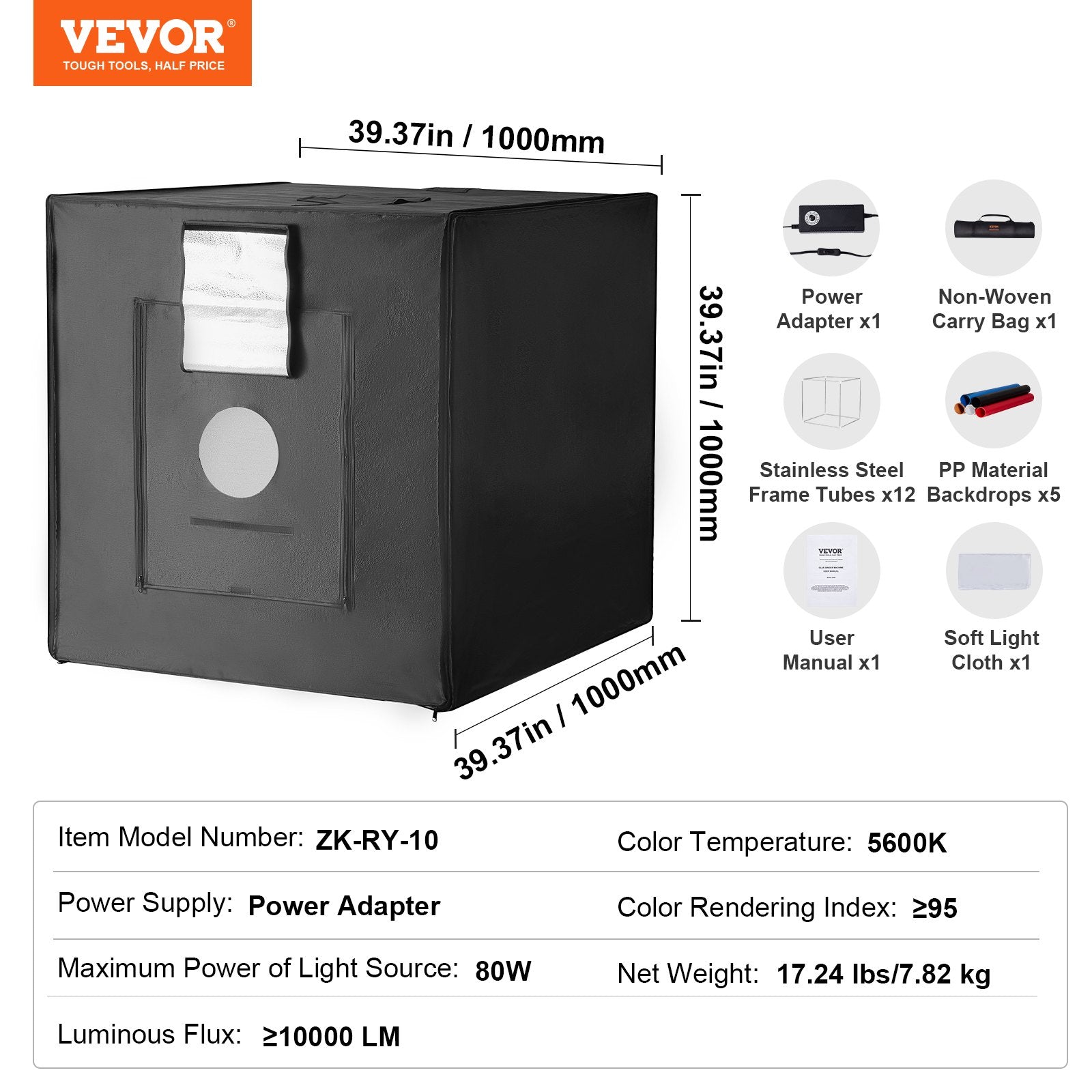Automotive Repair & Speciality Tools: VEVOR Photo Studio Light Box 5600K with 210 LED Lights Power Adapter,100 x 100 x 100 cm