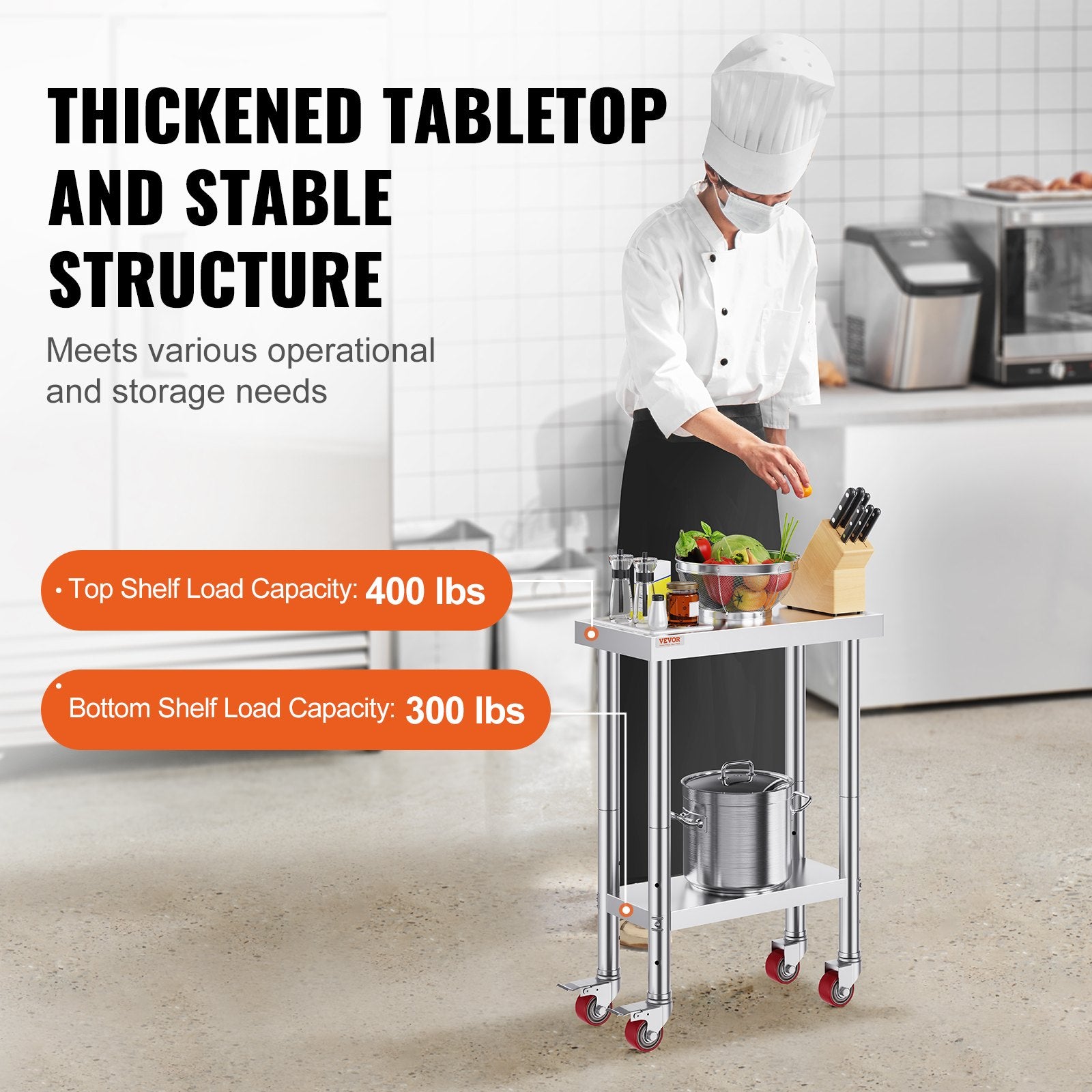 Kitchen & Dining Chairs: VEVOR Stainless Steel Work Table with Wheels 24 x 12 x 32 Inch Prep Table with 4 Casters Heavy Duty Work Table for Commercial Kitchen Restaurant Business