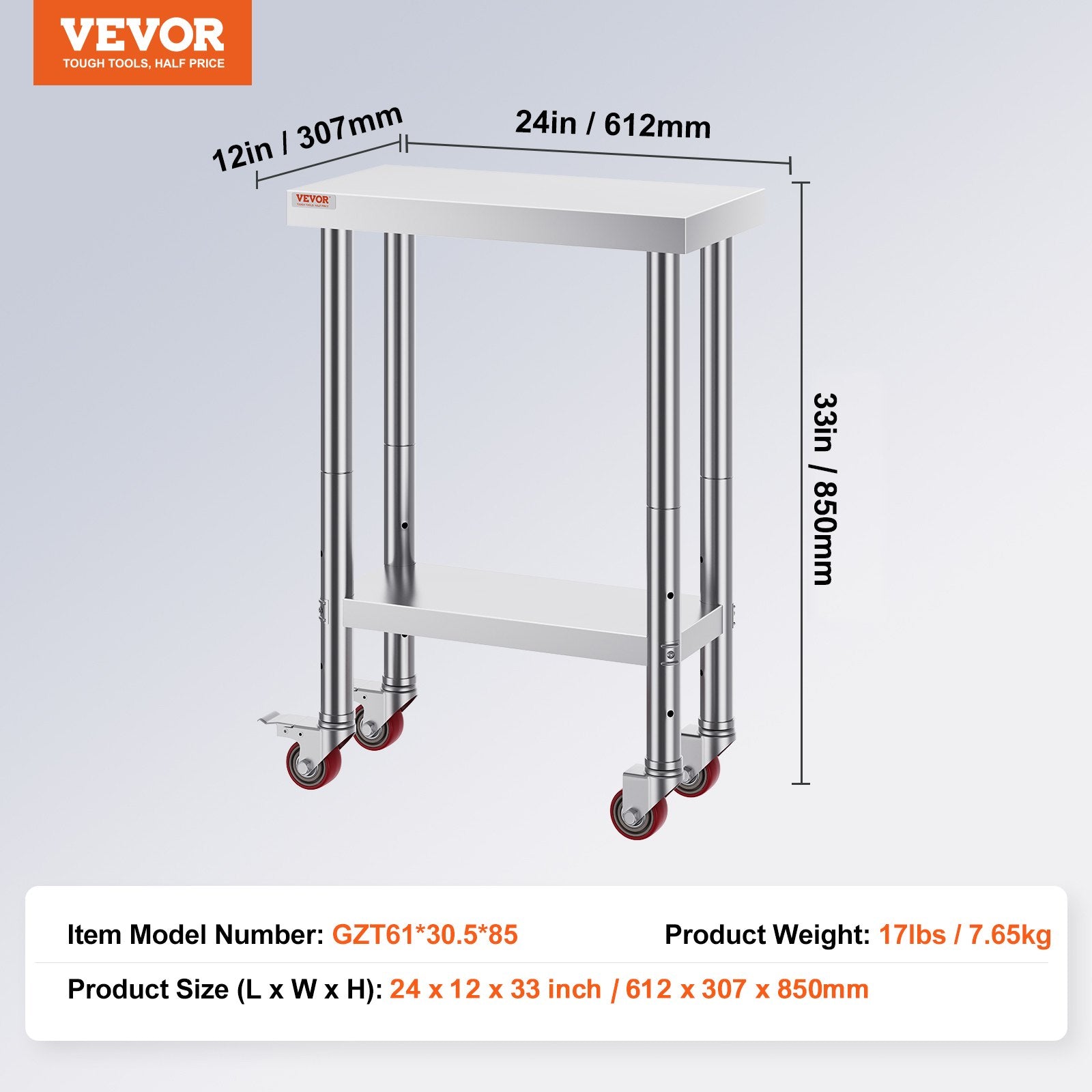 Kitchen & Dining Chairs: VEVOR Stainless Steel Work Table with Wheels 24 x 12 x 32 Inch Prep Table with 4 Casters Heavy Duty Work Table for Commercial Kitchen Restaurant Business