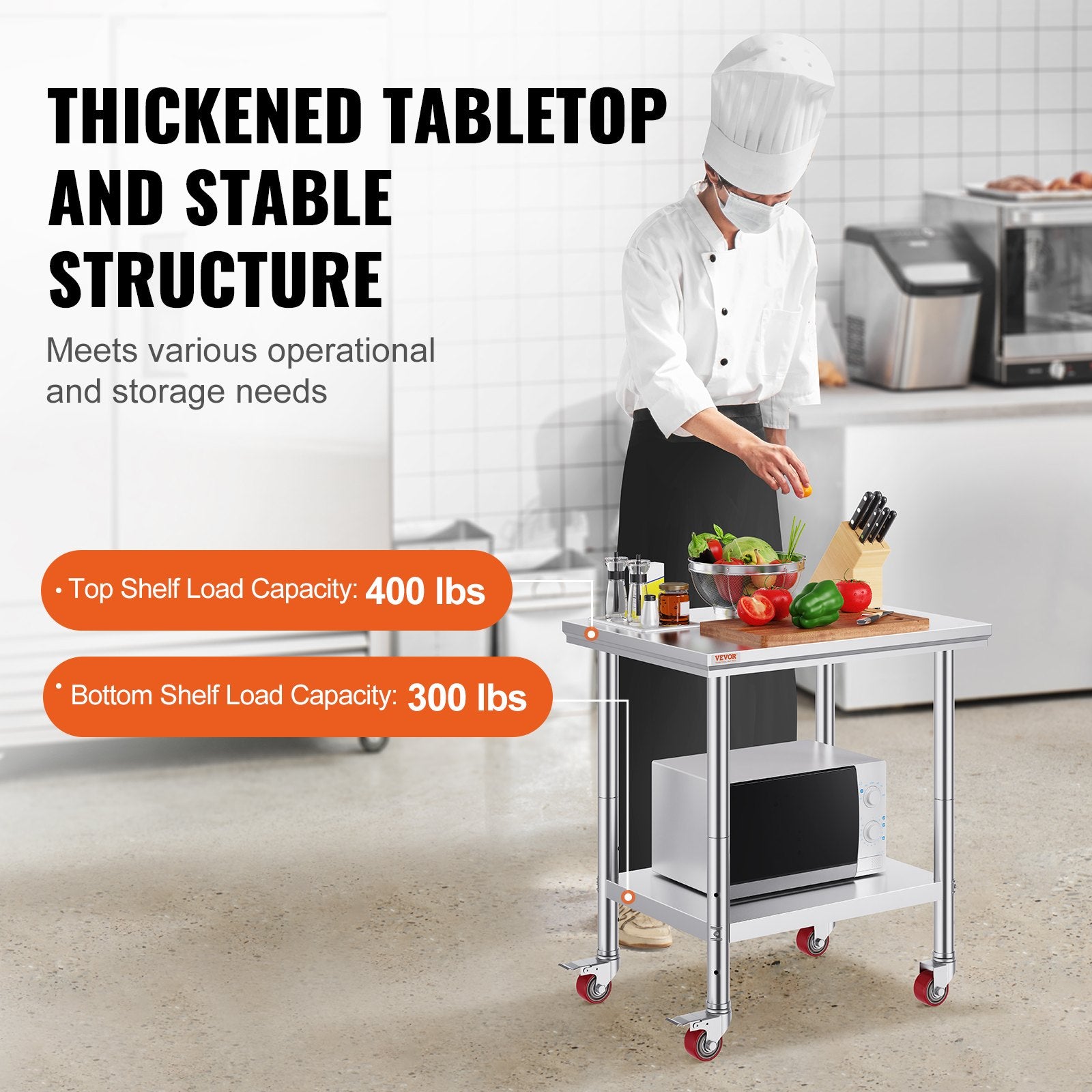 Dining Tables: VEVOR Stainless Steel Work Table with Wheels 24 x 30 Prep Table with casters Heavy Duty Work Table for Commercial Kitchen Restaurant Business (24 x 30 x 33.8 Inch)