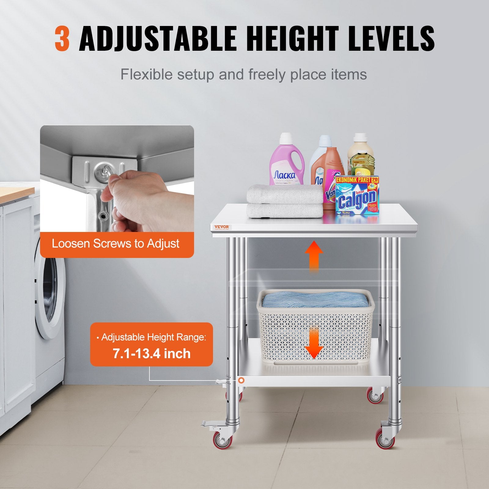 Dining Tables: VEVOR Stainless Steel Work Table with Wheels 24 x 30 Prep Table with casters Heavy Duty Work Table for Commercial Kitchen Restaurant Business (24 x 30 x 33.8 Inch)