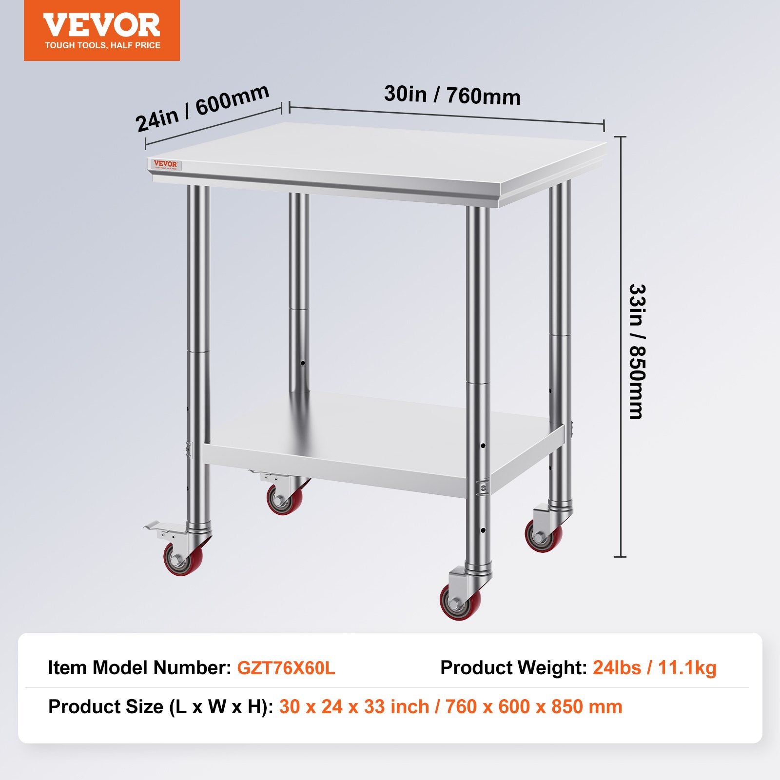 Dining Tables: VEVOR Stainless Steel Work Table with Wheels 24 x 30 Prep Table with casters Heavy Duty Work Table for Commercial Kitchen Restaurant Business (24 x 30 x 33.8 Inch)