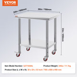 Dining Tables: VEVOR Stainless Steel Work Table with Wheels 24 x 30 Prep Table with casters Heavy Duty Work Table for Commercial Kitchen Restaurant Business (24 x 30 x 33.8 Inch)