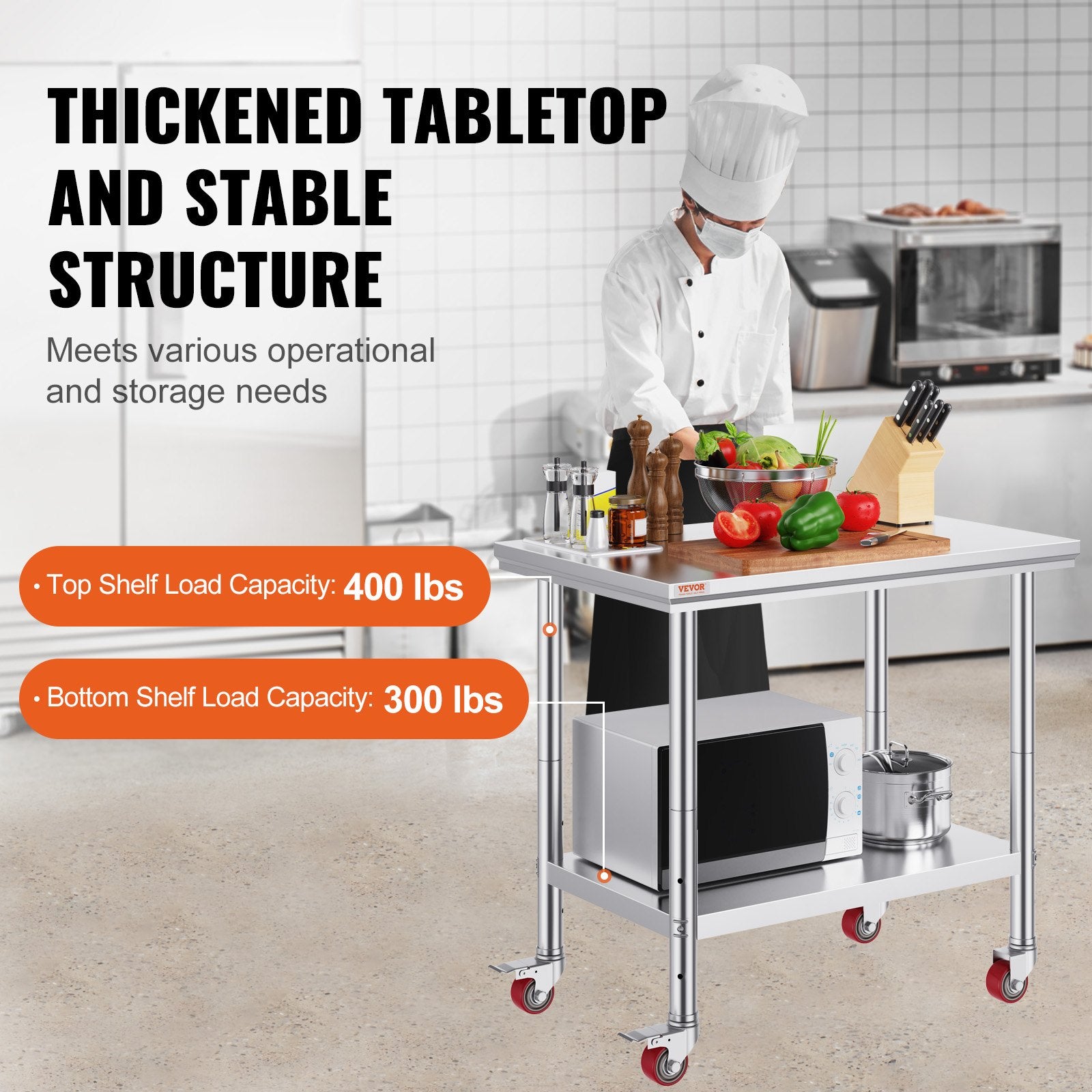 Dining Tables: VEVOR Stainless Steel Work Table 36x24 Inch with 4 Wheels Commercial Food Prep Worktable with Casters Heavy Duty Work Table for Commercial Kitchen Restaurant