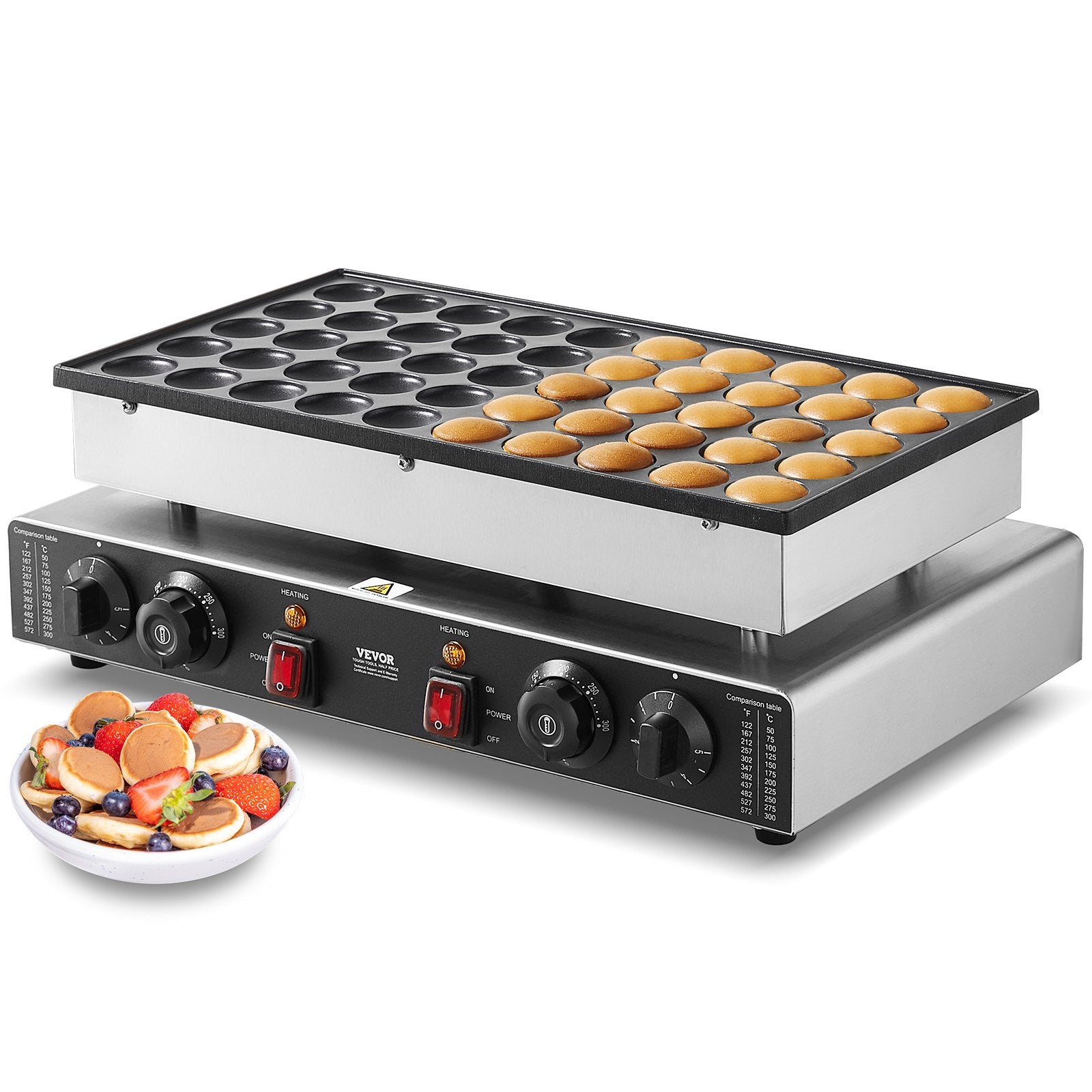 Food Warmers & Chafing Dishes: VEVOR Mini Dutch Pancake Maker, 50PCS 43mm Diameter Dorayaki Baker Machine, 1700W Commercial Electric Poffertjes Grill, Non-stick Stainless Steel, Dual Temp & Time Control, for Home Kitchen Restaurant