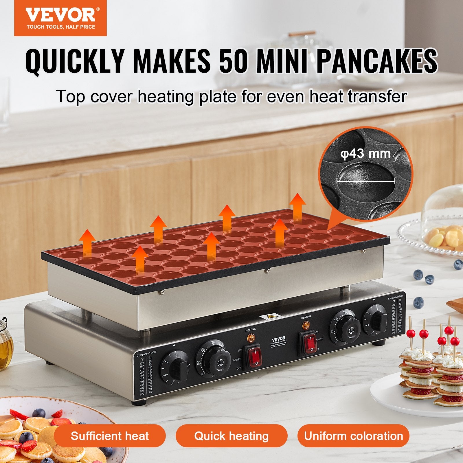 Food Warmers & Chafing Dishes: VEVOR Mini Dutch Pancake Maker, 50PCS 43mm Diameter Dorayaki Baker Machine, 1700W Commercial Electric Poffertjes Grill, Non-stick Stainless Steel, Dual Temp & Time Control, for Home Kitchen Restaurant