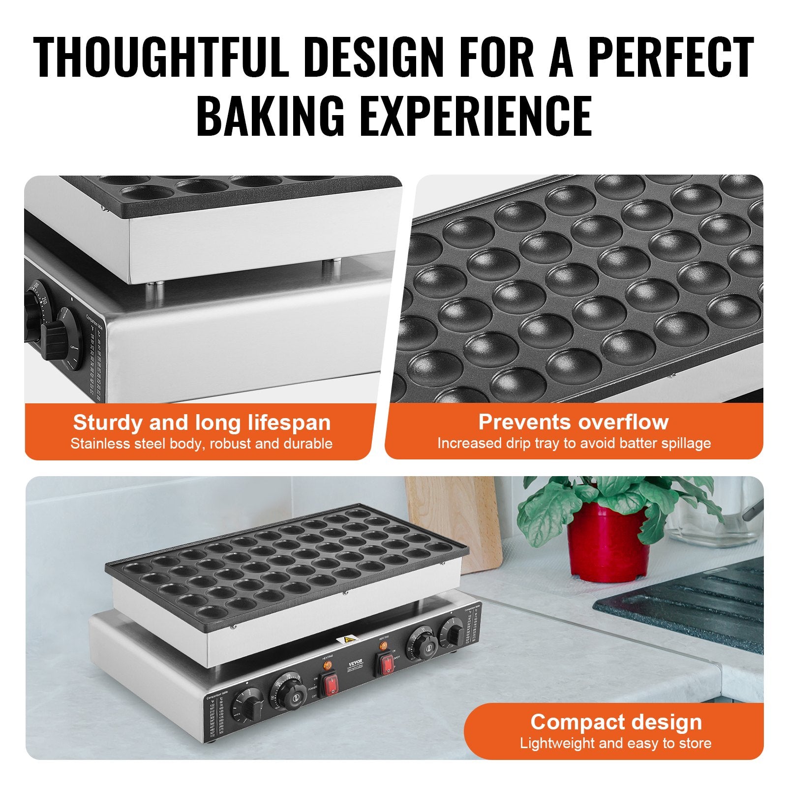 Food Warmers & Chafing Dishes: VEVOR Mini Dutch Pancake Maker, 50PCS 43mm Diameter Dorayaki Baker Machine, 1700W Commercial Electric Poffertjes Grill, Non-stick Stainless Steel, Dual Temp & Time Control, for Home Kitchen Restaurant