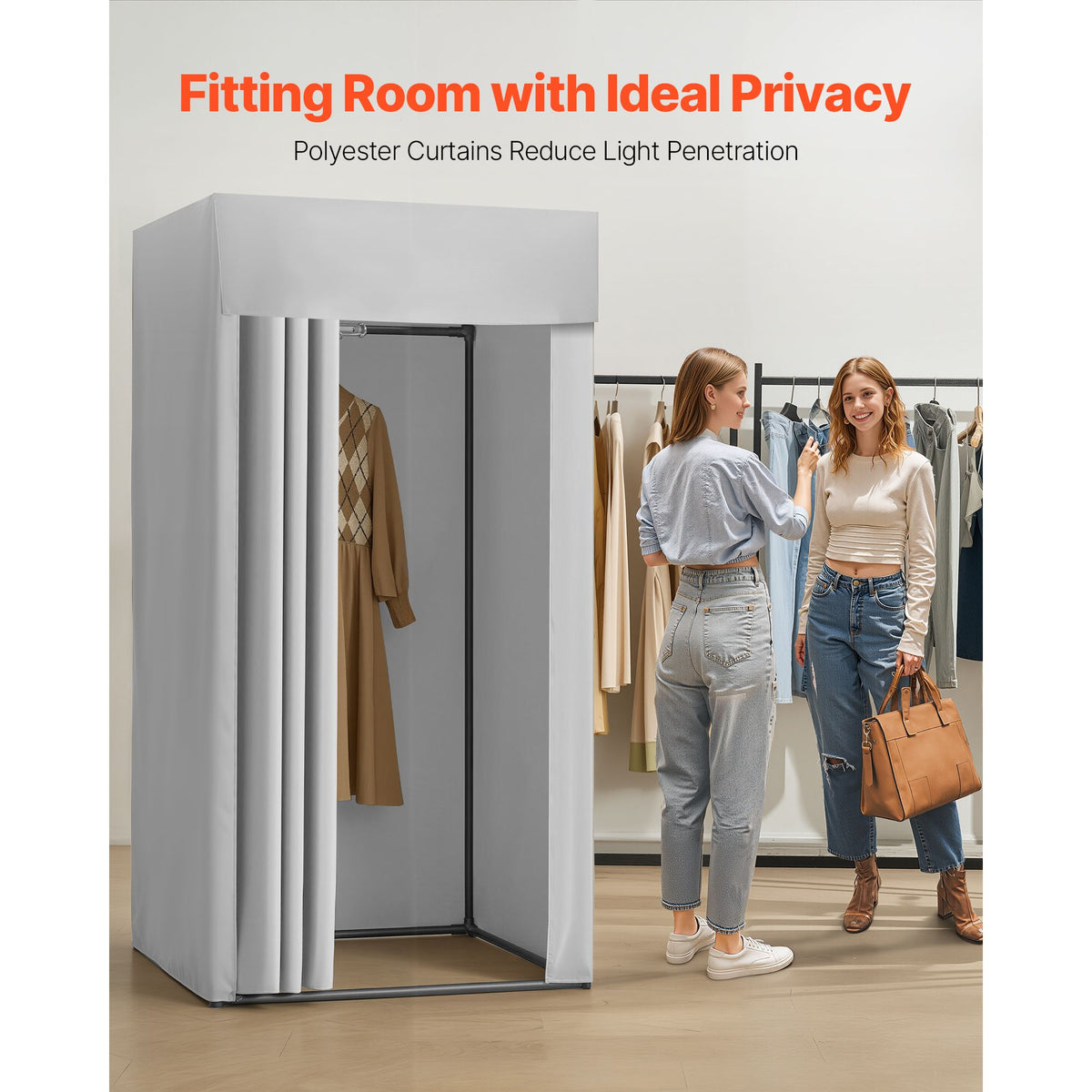 Fitting Room, Dressing Room with Thick Polyester Curtains, Privacy Space with Shading Curtain and a Hook, for Boutique, Mall, Tailor's Store & Outdoor 99 x 99 x 198 cm (Black and Gray-White)