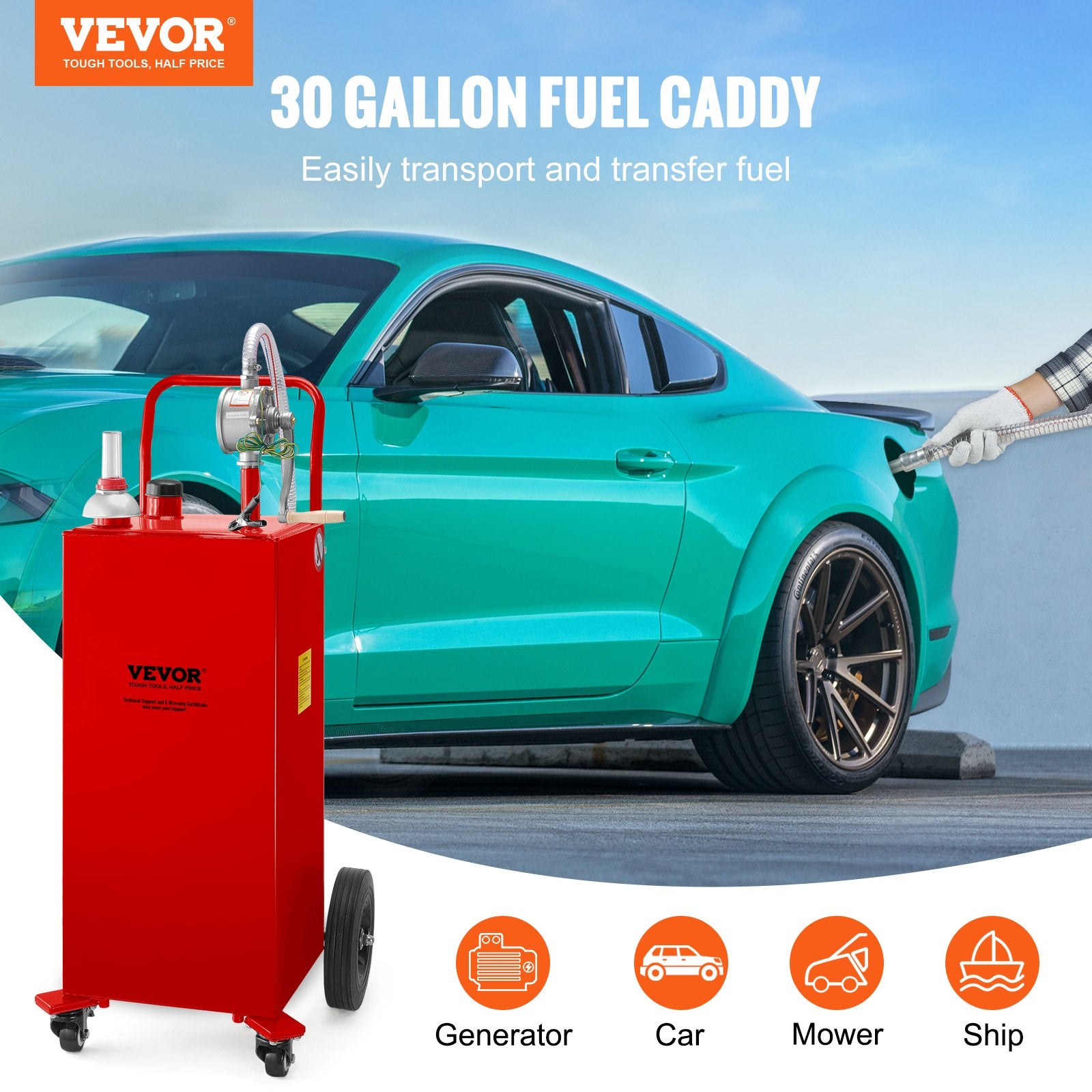 114L Fuel Caddy, Gas Storage Tank & 4 Wheels, with Manuel Transfer Pump, Gasoline Diesel Fuel Container for Cars, Lawn Mowers, ATVs, Boats, More, Red