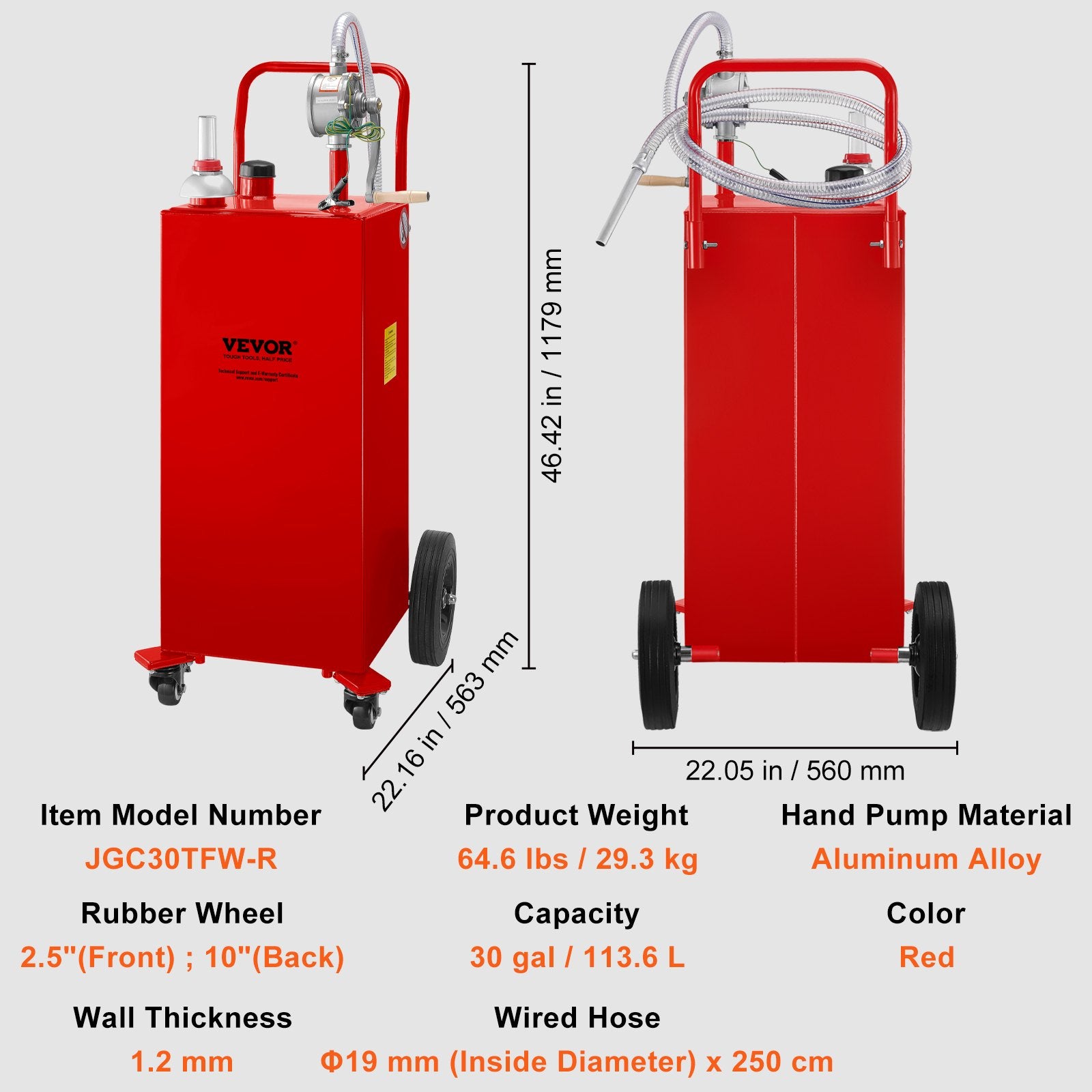 114L Fuel Caddy, Gas Storage Tank & 4 Wheels, with Manuel Transfer Pump, Gasoline Diesel Fuel Container for Cars, Lawn Mowers, ATVs, Boats, More, Red