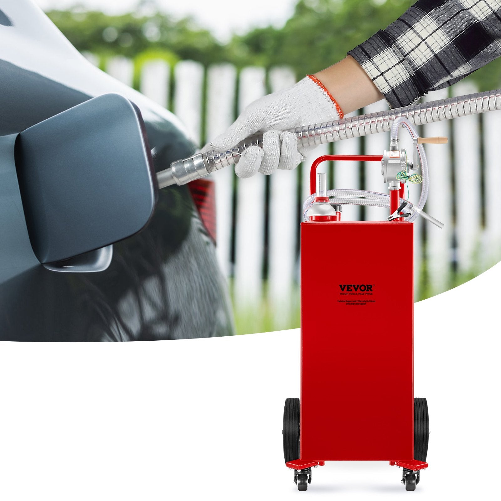 114L Fuel Caddy, Gas Storage Tank & 4 Wheels, with Manuel Transfer Pump, Gasoline Diesel Fuel Container for Cars, Lawn Mowers, ATVs, Boats, More, Red