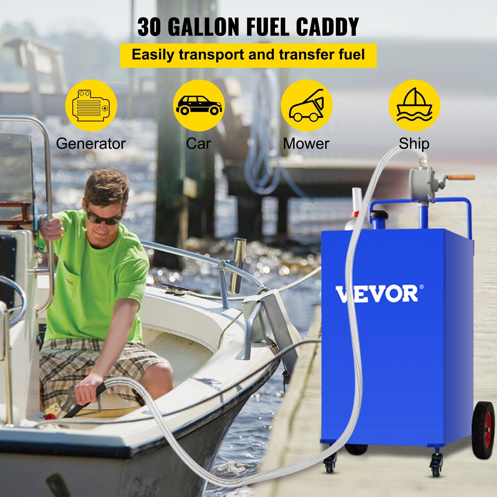 114L Fuel Caddy, Gas Storage Tank & 4 Wheels, with Manuel Transfer Pump, Gasoline Diesel Fuel Container for Cars, Lawn Mowers, ATVs, Boats, More, Blue