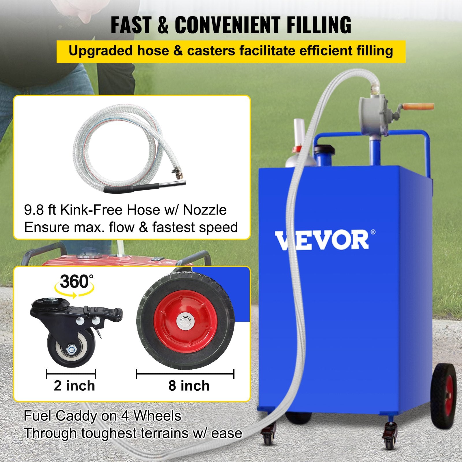 114L Fuel Caddy, Gas Storage Tank & 4 Wheels, with Manuel Transfer Pump, Gasoline Diesel Fuel Container for Cars, Lawn Mowers, ATVs, Boats, More, Blue
