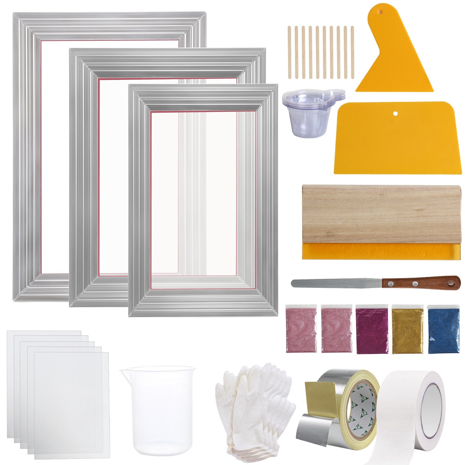 Jewellery Making Kits: VEVOR Screen Printing Kit, 3 Pieces Aluminum Silk Screen Printing Frames 25x36/20x30/15x25 cm 110 Count Mesh, 5 Glitters and Screen Printing Squeegees and Transparency Films for T-shirts DIY